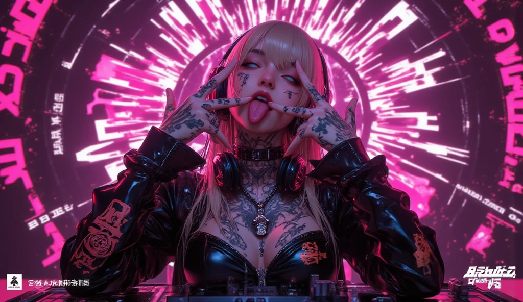 Upper body, Action photography, Female vampire DJ, Looking at the crowd with seductive eyes, Vampires, Wearing a bikini, ( detailed Tattoos:1 ), ( Wavy White hair ), ( Super Huge breasts:2.5 ), + ( large areolas ), Hyper detailed face, detailed hands, Quirky, Vibrant appearance, Playful accessories, Bright colors, Creative behavior, Rambled, Sensual, Spontaneous, DJ headphones, ((Mixing Console)), Dysfunctional punk vampire girl, Revel vampire girls, Vampire Club, Vampire nightclub, In the Vampire Castle gothic style, Independent cinema, Zombie People dancing on dance floor background, Underground dance club, Underground Dance club, night club, Highest quality, Skin texture, Intricate details, neon lights and laser beams, ( Cinematic lighting ), ( Bokeh ) RAW photo, 16K Psychedelic surrealist art, Surrealist psychedelic design, dream art style, Illusion psychedelic art, Colorful dark vectors, NSFW, UNCENSORED