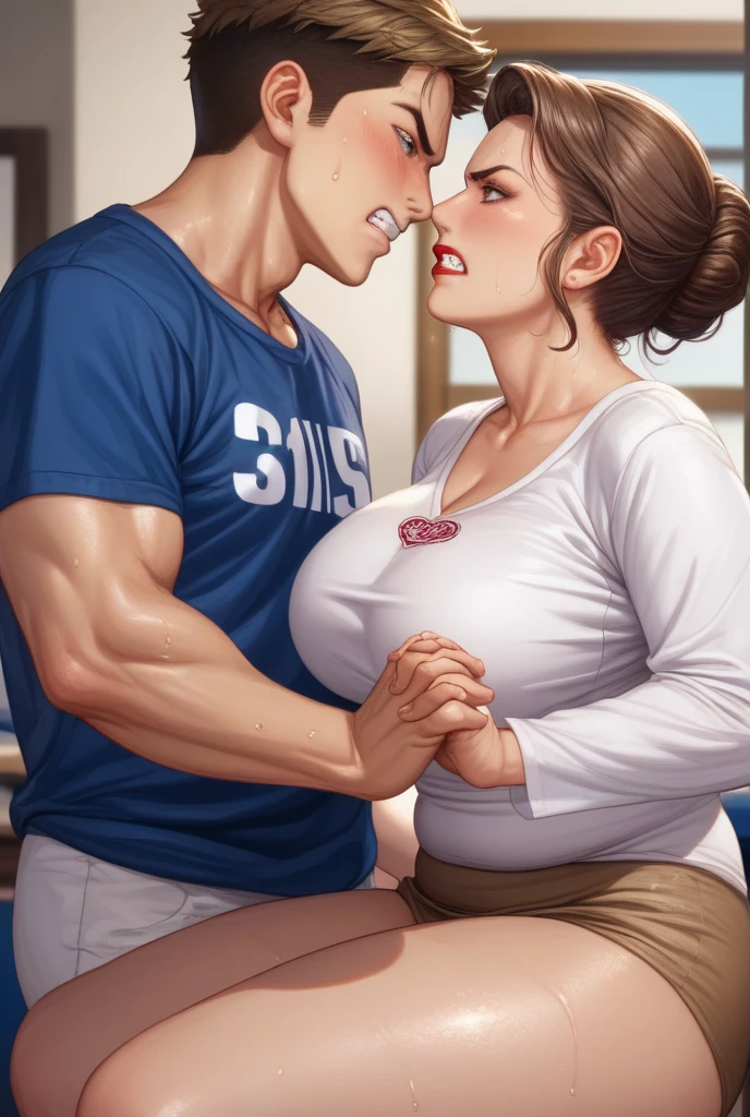 ((thick body mature women age 40 American milf super model))2 women wearing long sleeve tshirt with suit skirt, sitting in kitchen, (((spread legs, lift skirt show panties, happy, reading manga, (1man age 24) hugging put his head between breasts))), expose 1breast
