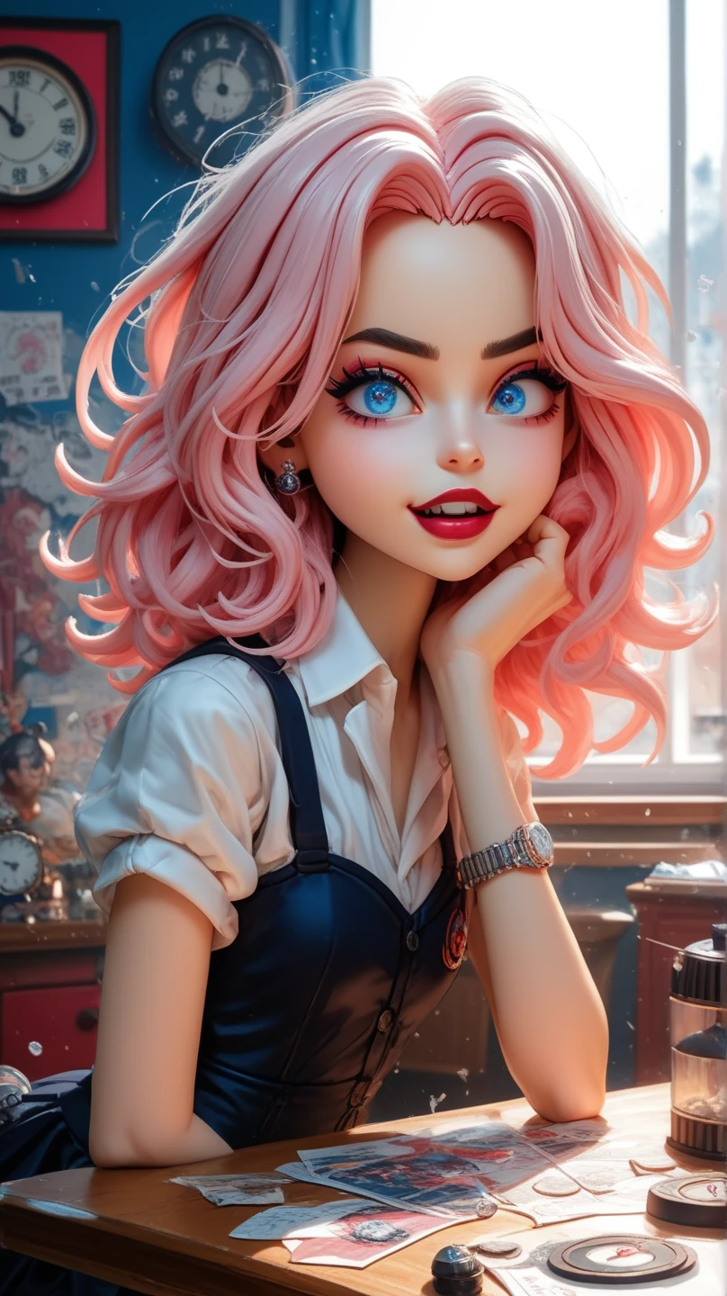 Masterpiece, raw,  beautiful art, professional artist, 8k, art style by sciamano240, very detailed face, very detailed hair, 1 mature woman, perfectly drawn body, beautiful face, long hair, light blue hair , very detailed blue eyes, pouty lips , rosey cheeks, intricate details in eyes, playful smile, looking directly at viewer , in love with viewer expression, wedding ring , lipstick, very close up on face, sunny fall day, teaching in class, wearing sexy teacher clothes, classroom, shirt, pencil skirt, thigh boots, standing in front of black board, 