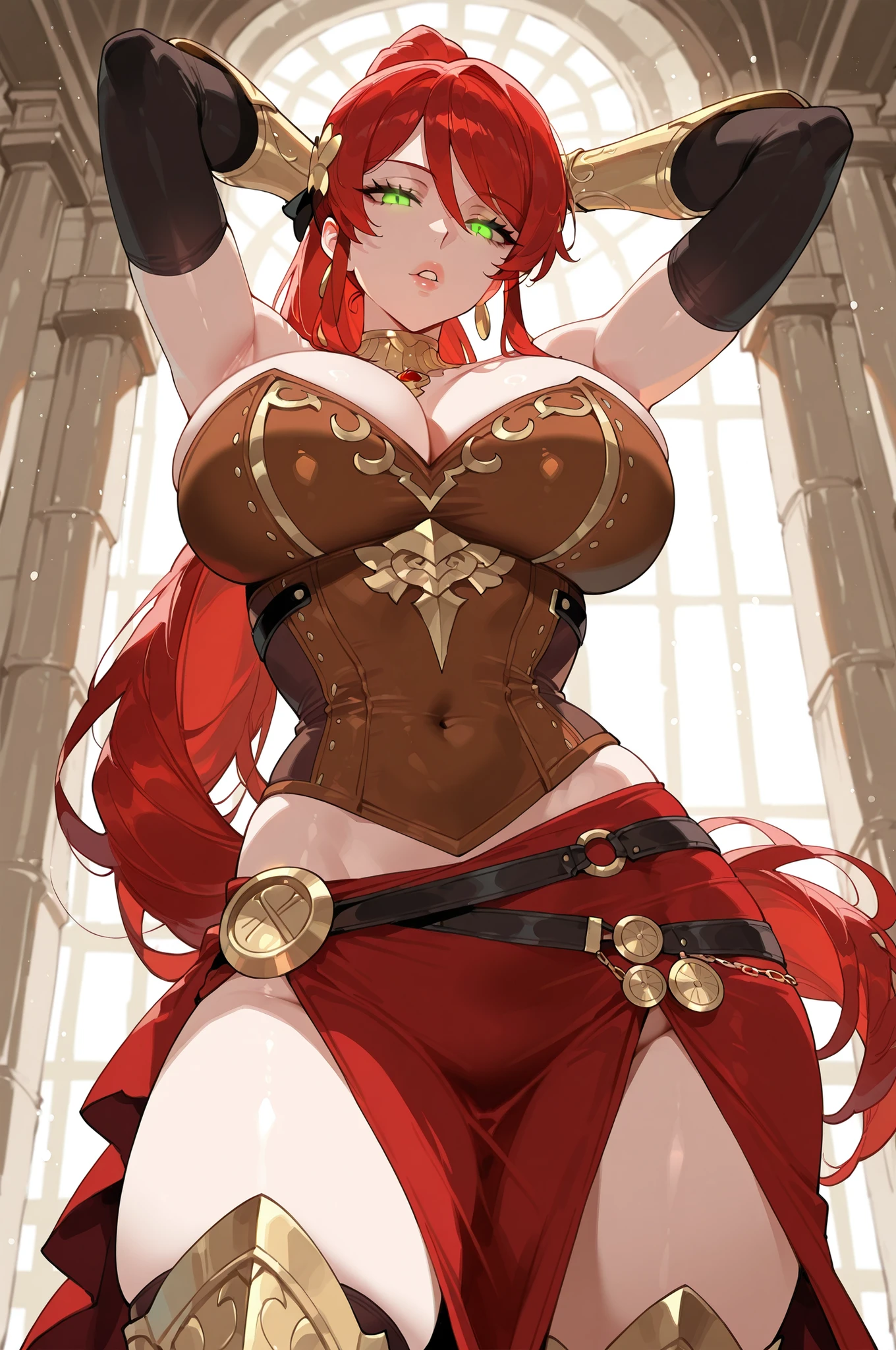Mature woman, strong, dark skin, black bikini, cape, long red hair, large breasts, large thighs, can dynamic, heroic weight, fantasy, medieval, desert, sun, blue sky, well detailed brightness.