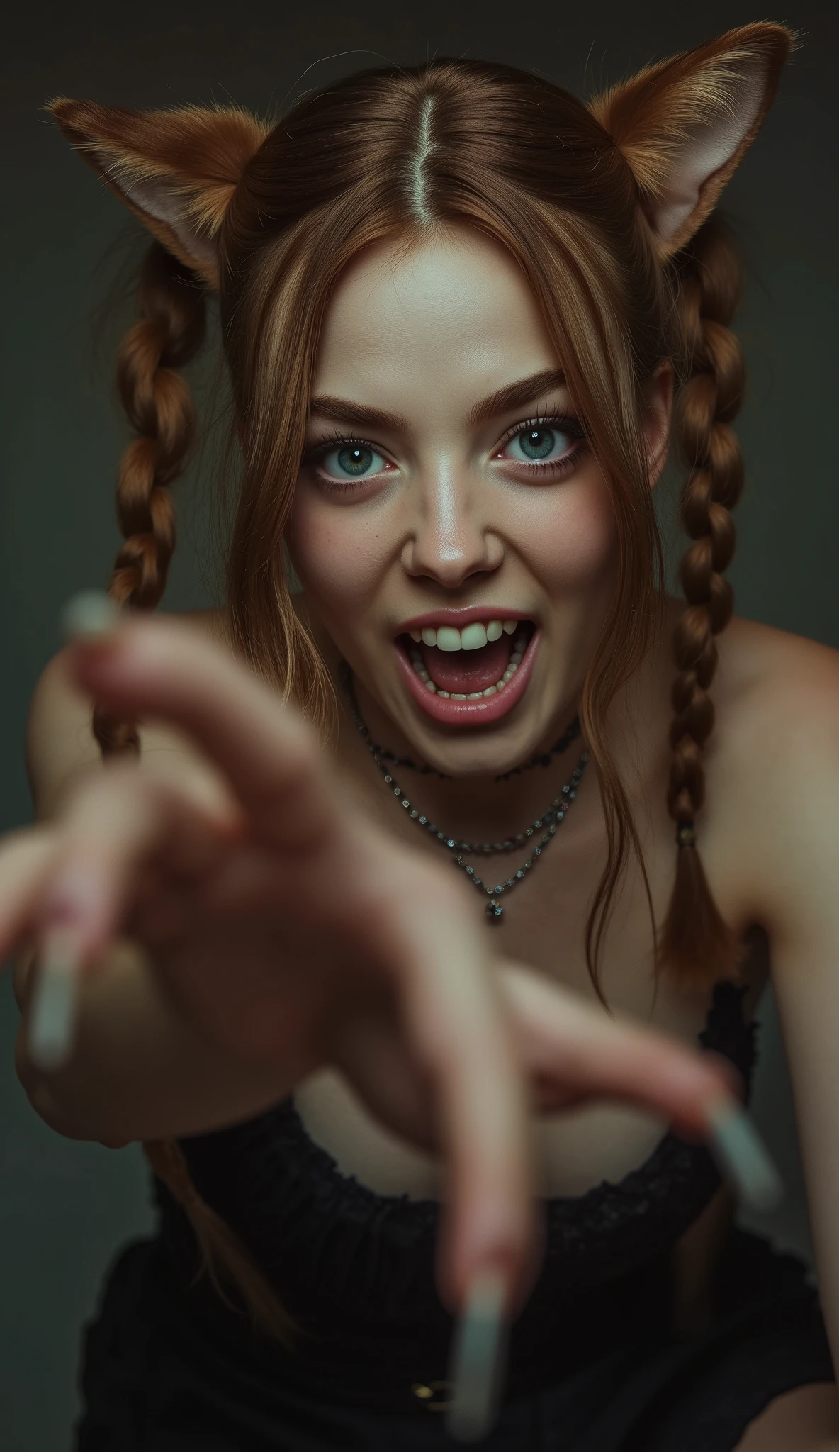 (((A girl with feline ears and sharp teeth who terrified with her fangs bared and claws extended as she lunges towards the viewer, her hair is braided in two pigtails and the pose is sensual and sexy, with an intense gaze and light blue eyes))) (best quality, 4k, 8k, high resolution, masterpiece: 1.2), ultra detailed (glossy hair, photoglossy hair, photoglossy hair: 1.37), 1 girl, alone, horror, scary, dark fantasy, disturbing, studio lighting and with a warm color palette, disturbing atmosphere, dramatic pose, intense expression, dark colors, chiaroscuro, cinematic,
sweaty, perfect eyes, beautiful eyes, highly detailed and expressive, detailed eyes, 35mm photography, film, Bokeh, professional, 4k, Highly detailed dynamic lighting, Photorealistic, 8k, CRU, rich, Intricate details,