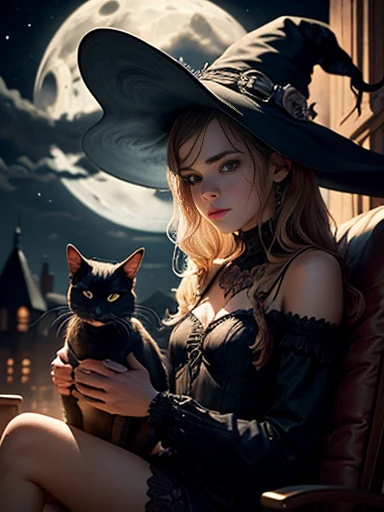 Emma Watson as a girl witch. tight, intricate black suit. freckles, Beautiful face, masterpiece, complex part, Ideal Anatomy. sitting. Moon Background. night.