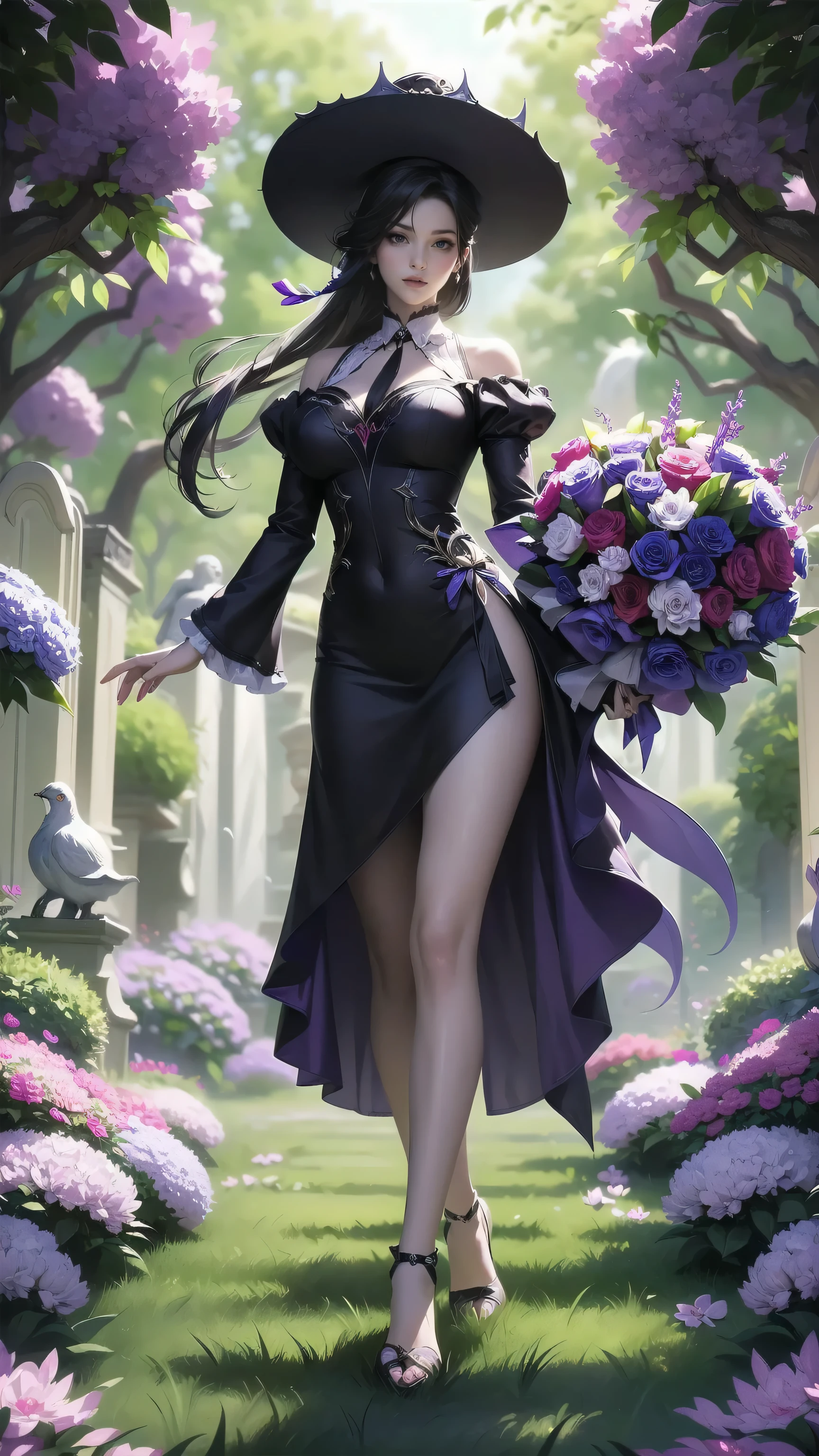 high school classroom During class Beautiful Teacher ネオゴススタイルの girl, Wearing a black dress and a white collar, wearing a black hat 、Wearing heavy makeup, she's standing in a mysterious garden 、Surrounded by vines . The garden is full of dark purple flowers .、Gothic architecture in the background。. girl'Iの髪は黒色、 her hair is long braided .、 has red roses next to her 。. Her eyes are sharp、It'stabbing., thick black eyeliner and long eyelashes . she has white skin .、Lips bright red.. The atmosphere is gloomy and eerie, Dim lighting casts long shadows. This work is a combination of digital illustration and photography.., result、そのresult、Incredibly high resolution images。. Most colors are dark、I'kind, The dark red and purple create a dark beauty .. The overall style is neo-gothic ., sexy Horror, portrait photography , creates a unique and fascinating visual experience .Dark Imagery、、(((perfect topless, とても素敵な乳首、とても綺麗な乳輪、)))、(((exactly Shemale)))、(((she has cute pinis over her pussy )))、