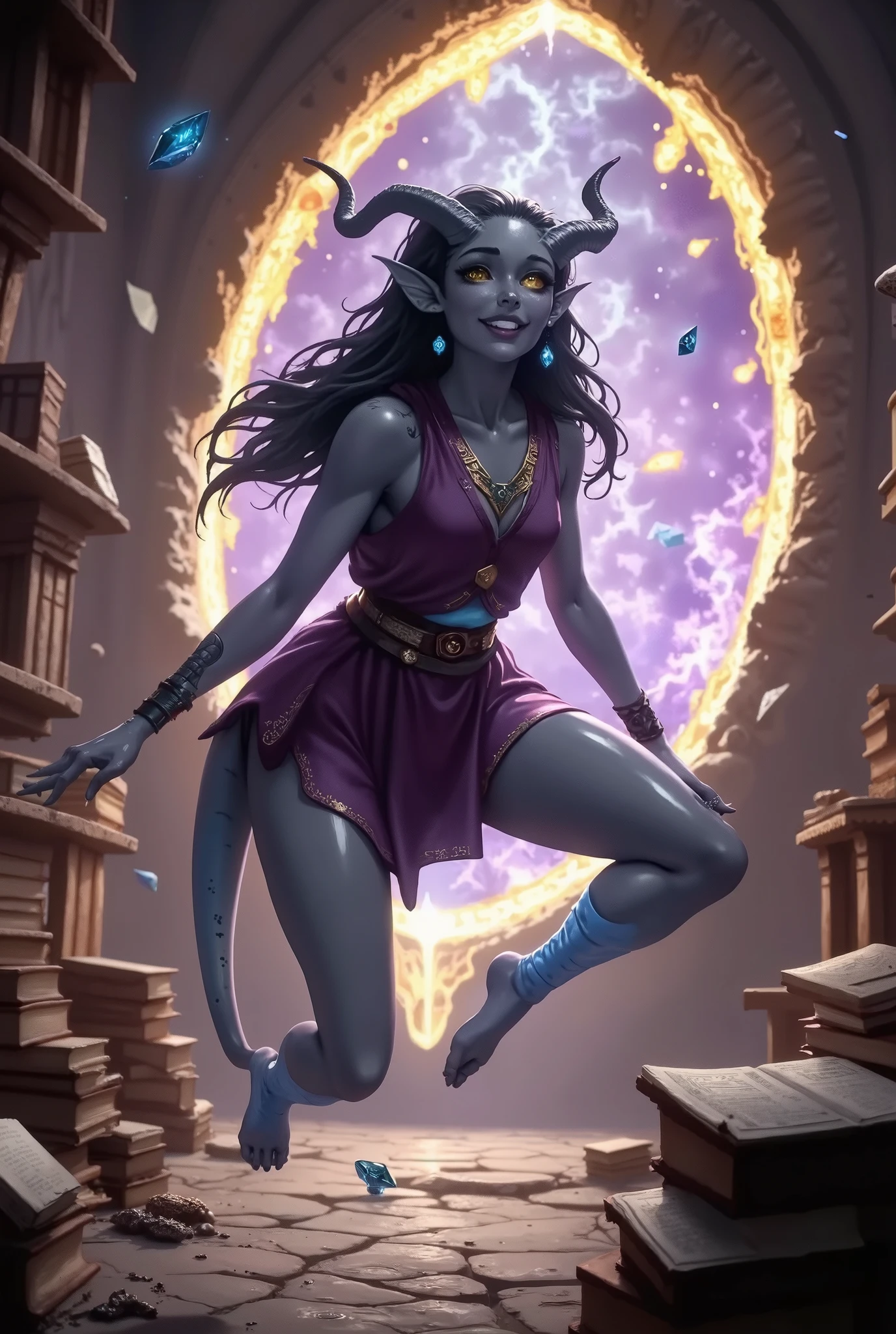 Main scene: A breathtaking cosmic rift, shimmering with the energy of amethyst and gold, tears through the fabric of reality in a dusty ancient library. Books and scrolls float in zero gravity, trapped by the shockwave from the portal's appearance.
The main character: Kedra, a striking Tiefling woman with smooth anthracite-gray skin, spectacularly and dynamically emerges from the rift. Her eyes, like pools of molten gold with narrow pupils, are dilated with awe and insatiable curiosity. Two elegant black onyx horns curve gracefully from her forehead. A long, thin tail, ending in a heart-shaped spike, gently sways behind her.
Movement and expression: She froze in a spectacular leap, stretching her arm forward, as if she wanted to touch our world for the first time. Azure-blue magical motes (secret symbols of Mystra) twinkle on her fingers. Her face reflects not aggression, but an amazing discovery — a sharp-toothed smile plays on her lips.
Magic and Visual effects: Rift magic is not destructive, it is beautiful and organic. Crystalline structures, similar to glowing geodes, form and collapse in the air around her. Ancient glowing runes in a forgotten language spiral away from the edge of the portal, illuminating the dusty library. The air is filled with a heat haze and magical energy.
Lighting: Spectacular, like in a movie. The main light source is a bright, purple-gold portal behind her, creating a spectacular flying silhouette of Cedars and emphasizing the outlines of her horns and profile. A secondary, softer light comes from the magical glyphs on her fingertips, casting a cold blue glow on her face and objects floating nearby.
Style and detail: Photorealistic rendering, hyperdetalization, 8k resolution. The style should combine epic fantasy-style concept art with the dynamic energy of key shots from a major animated film