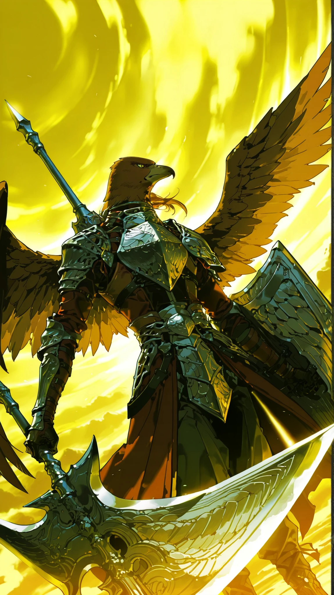 single, male, guardian (nightreign), guardian, armor, bird boy, holding shield, feathered wings, wind, wield a Shield and a Halberd , Wings folded , simple pose, dutch angle, detailed background , serious tone, charismatic and intense ,