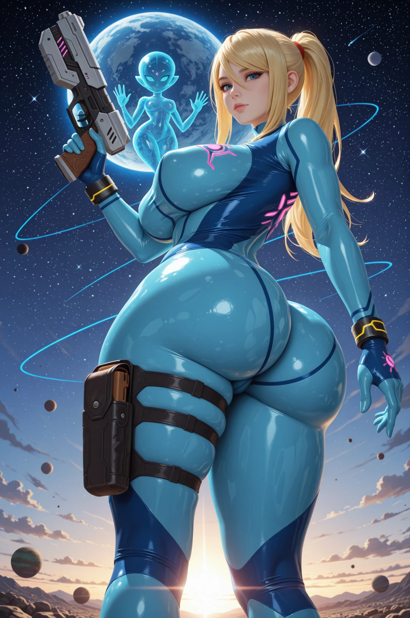 Vault-girl, vault 111 jumpsuit, 1girl, bursting breasts, breast expansion, massive heavy breasts, crossed arms, vibrant blue eyes, blushing, long blonde hair, hips expansion, ass expansion, weight gain, shes stress eating, shes worried about how large her breasts are getting and how sensitive they are, strained jumpsuit, very wide fat hips, thick thighs, massive fat ass, big fat chubby belly,