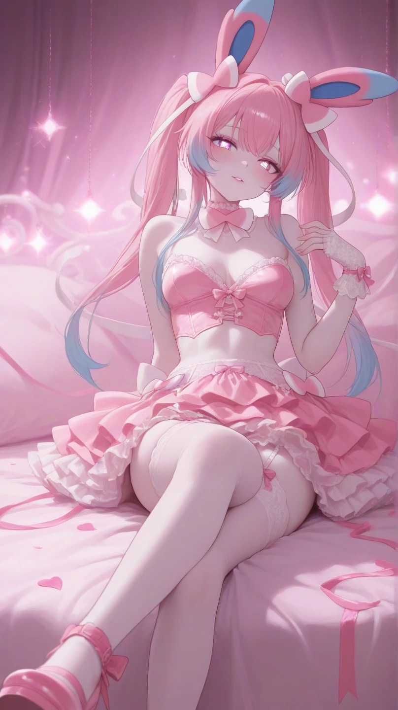 masterpiece, best quality, looking at viewer, smile, 1girl, cure melody, navel, pink hair ribbon:1.2, hairband, pink thighhighs, pink shoes, wrist cuffs, twintails, gem, frills,