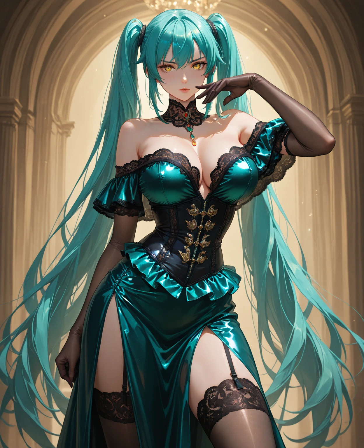 full body, a (sexy:1.2) iridescent green haired demon girl with very long hair and two (ornately decorated:1.1) demon horns in her fantasy style alchemist's shop, beautiful expressive blue-green (glowing eyes:1.1), (sexy and revealing costume, glossy skin:1.3), leather thigh boots, dynamic pose, (hands behind head:1.1), (smile:1.1), (colorful glowing potions illuminate the scene:1.3), (herbs hanging from the ceiling:1.1), beams of moonlight, dramatic lighting, smokey eyes, glossy metallic lipstick, anime style, small perky breasts, hourglass figure, narrow waist, perfect hands, nice hands, bold lines, masterpiece, best quality