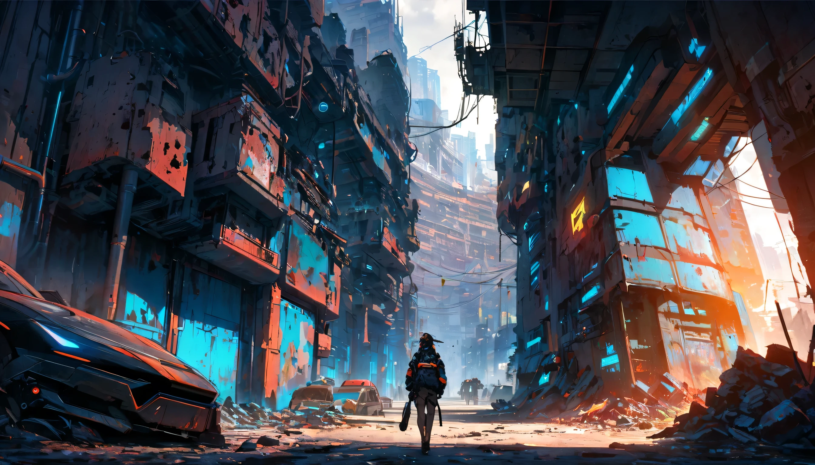 Create a view from the central perspective of the image Sci-fi scene of a damaged square and streets of a Cyberpunk city, with lot industrial pipework, painted with strong colors combined with an ink line drawing with thicker and thinner black lines, massive orange industrial pipes snake through the architecture, while debris and rubble litter the ground, Misty blue atmospheric haze fills the distant spaces between damaged high rise skyscrapers. Several cyberpunk people are walking on the street. Several demaged cyberpunk futuristic cars are parked on the street. Several hovercraft fly above the buildings. Style: Bold multicolored contrasts between warm oranges and cool teals create atmospheric depth. Use a deep and strong blue colors for shadows. Textured brushwork adds gritty detail to the industrial elements while maintaining a painterly quality. Atmospheric perspective, industrial decay, complementary contrast, cell shader, painted anime