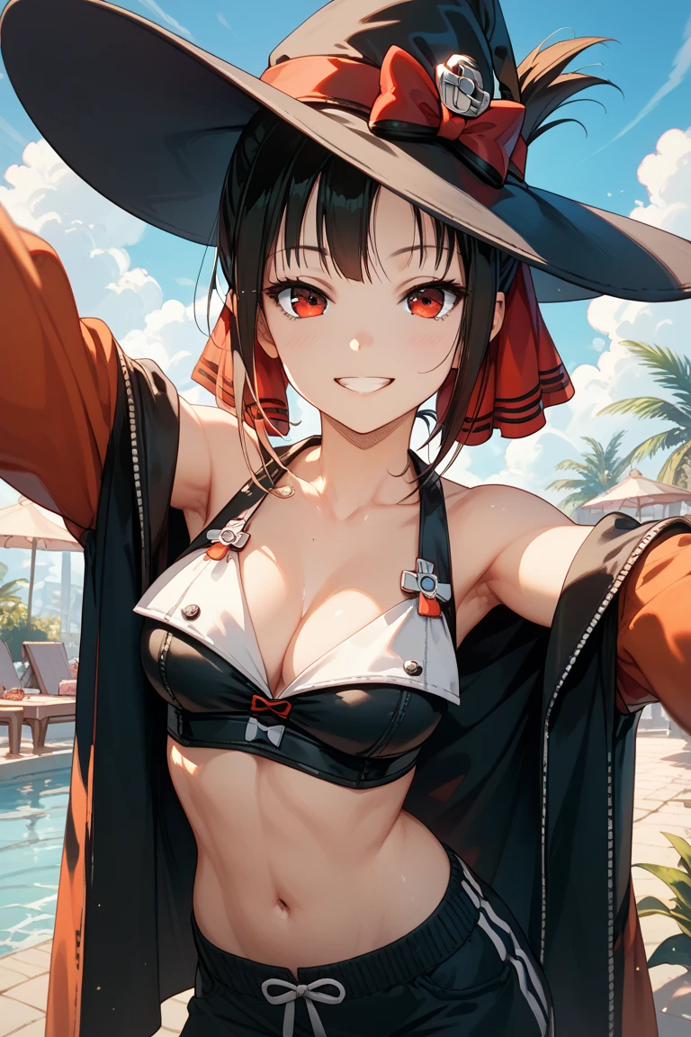 (lens flare:1.2), meguminbikini, wet, ocean, arms behind back, beach, blue sky, blush, cloud, day, horizon, looking at viewer, outdoors, smile, solo, standing, stomach, water, witch hat, cape, <lora:megumin_v3:0.8>, <lora:age_slider_v2:3>
