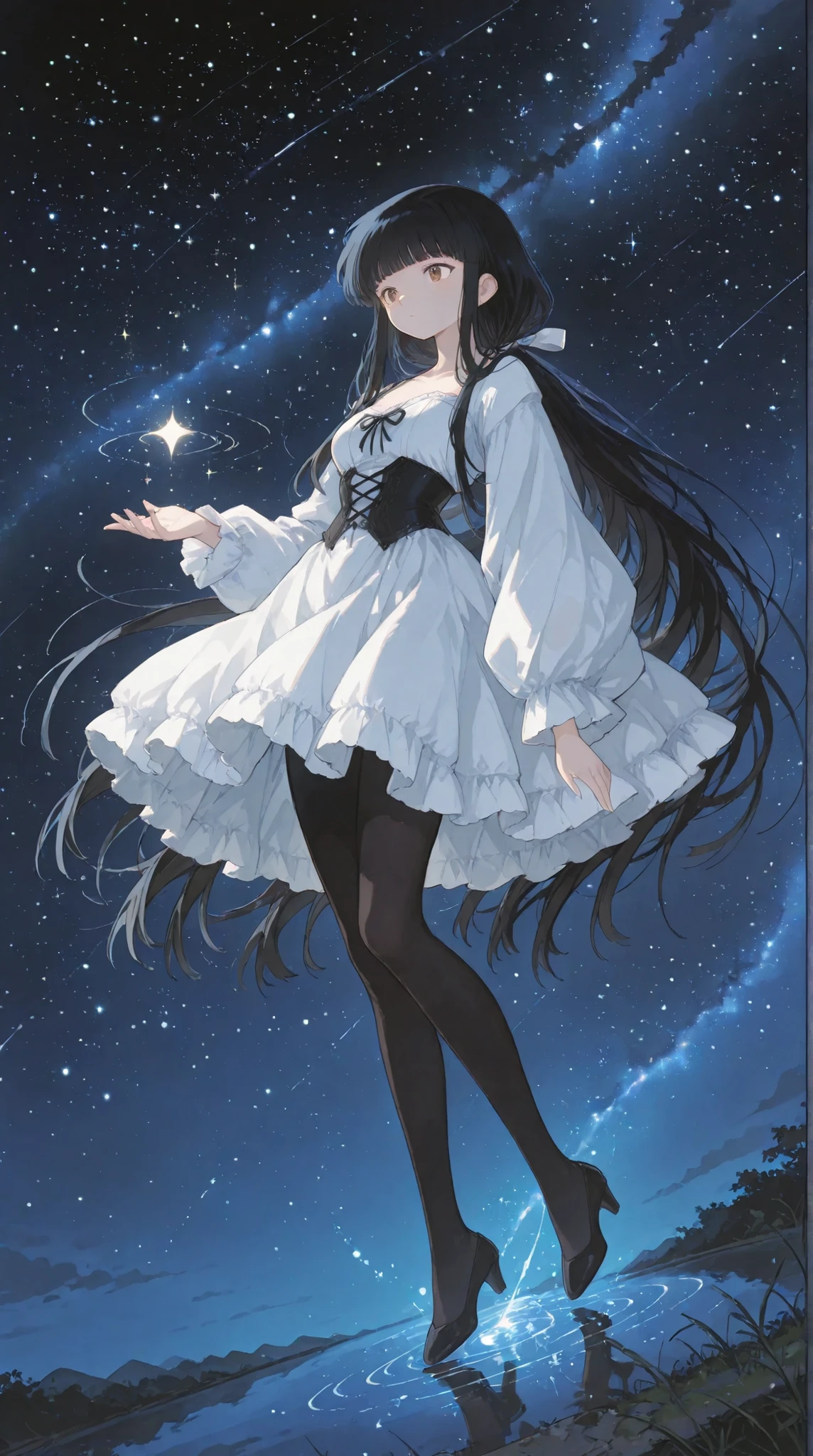 very long hair, blunt bangs, sidelocks, hime cut,,hair ribbon, long hair, blunt bangs, sidelocks, low ponytail,,kikyoinu, black hair, brown eyes,,杰作, 最高品质, Starry sky, beautiful, beautiful, beautiful, excellent, night, stars, light, mysterious atmosphere, anime style, high resolution, 8k, super detailed, white dress, asymmetric bustier, grown up girl, beautiful teenage girl, black tights, pumps, all, big ribbons, ruffles,