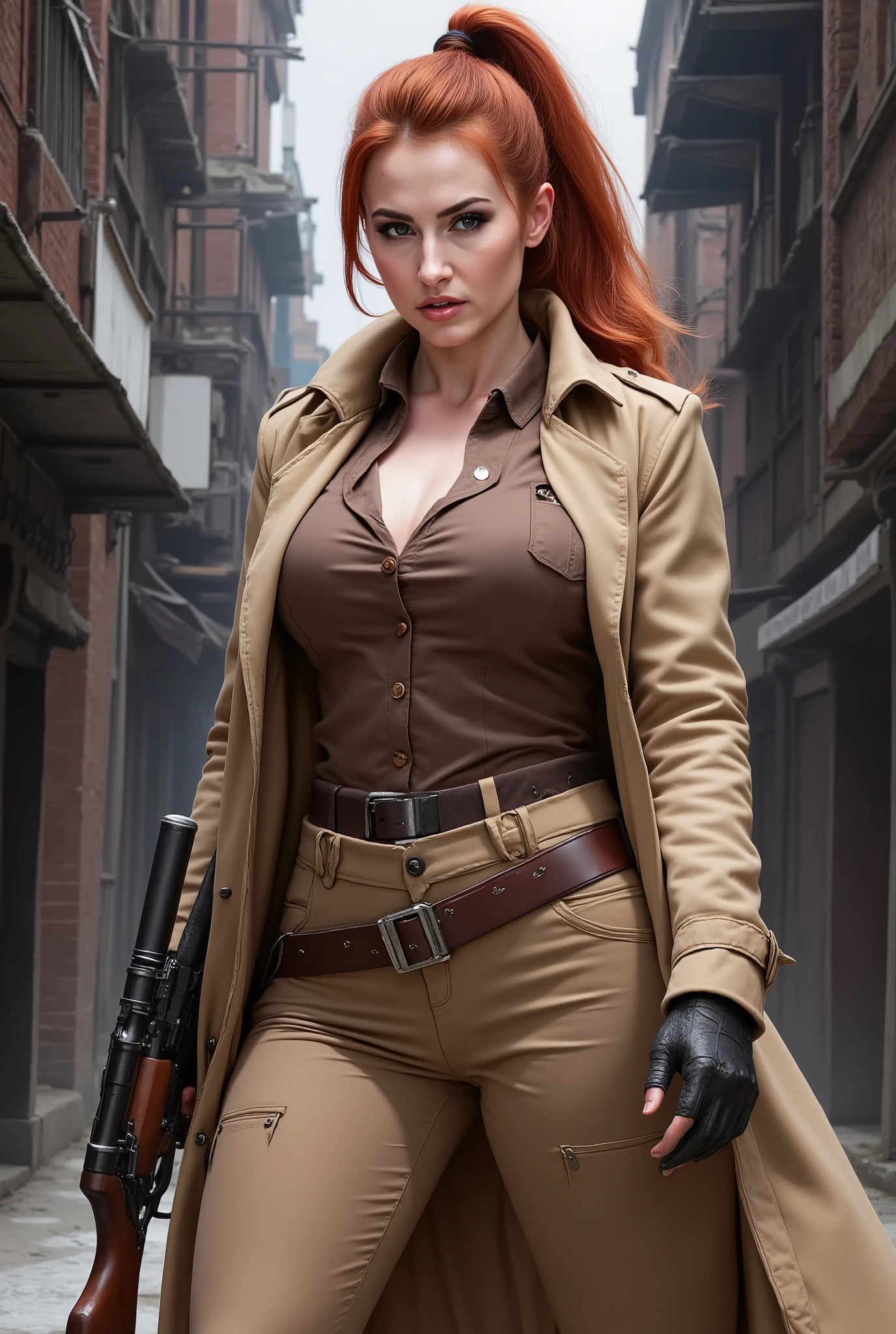 Full body picture of an image of a young dark-tanned woman with feminine features, full body picture, full body picture, extremely Long messy vermilion-red hair, medium breasts, dressed is an ice-blue open leather jumpsuit and a orange belt magnetic closed and a sniper rifle in her hands, posing in the forest in the mountains, full body photo and digital art, ultra-detailed 16k 3D, realistic