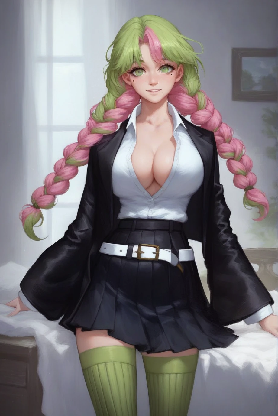 <lora:mitsurikanrojitest:0.9>
mitsuri kanroji, braid, gradient hair, (green eyes:1.5), green hair, long hair, mole, mole under eye, multicolored hair, pink hair, twin braids, two-tone hair, (navel),
belt, black skirt, cleavage, coat, demon slayer uniform, haori, japanese clothes, long sleeves, miniskirt, partially unbuttoned, pleated skirt, skirt, uniform,
(best quality, masterpiece, RAW photo,ultra-detailed:1.2), <lyco:GoodHands-beta2:1.0>,1girl,solo,looking at viewer,smile,
symmetry,Symmetrical composition,