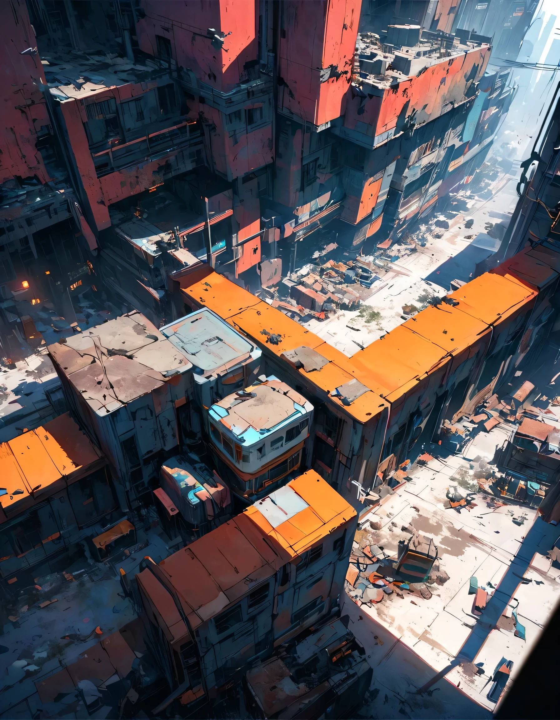 Create a view from above perspective of the image Sci-fi scene of a damaged square and streets of a Cyberpunk city, with lot industrial pipework, painted with strong colors combined with an ink line drawing with thicker and thinner black lines, massive orange industrial pipes snake through the architecture, while debris and rubble litter the ground, Misty blue atmospheric haze fills the distant spaces between damaged high rise skyscrapers. Several cyberpunk people are walking on the street. Several demaged cyberpunk futuristic cars are parked on the street. Several hovercraft fly above the buildings. Style: Bold multicolored contrasts between warm oranges and cool teals create atmospheric depth. Use a deep and strong blue colors for shadows. Textured brushwork adds gritty detail to the industrial elements while maintaining a painterly quality. Atmospheric perspective, industrial decay, complementary contrast, cell shader, painted anime