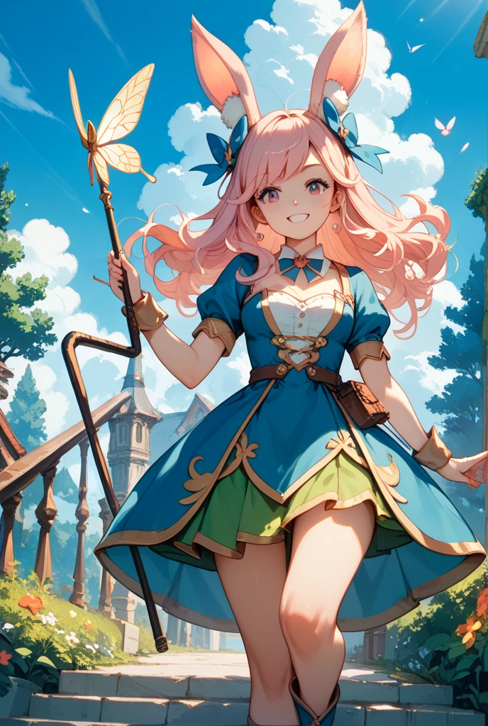 ((best quality)), ((masterpiece)), (detailed), 1girl, Little fairy, winged fairy, swallowtail butterfly wings, pointed hat, pink hair, green clothes, leather boots, fly in the sky,