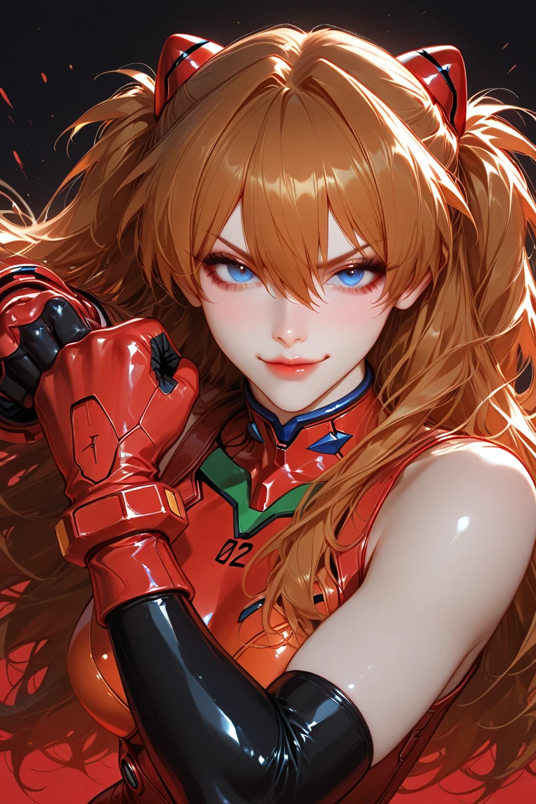 4k, high definition, raw, asuka evangelion, beautiful detailed eyes, beautiful detailed lips, extremely detailed eyes and face, long eyelashes, realistic, photorealistic, photo-realistic:1.37, studio lighting, ultra-fine painting, sharp focus, physically-based rendering, extreme detail description, professional, vivid colors, bokeh, portraits, concept artists, dark blue, dramatic lighting