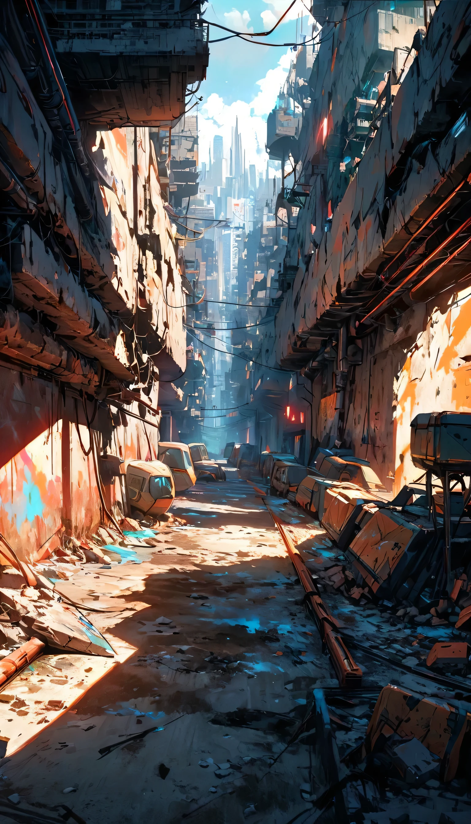 Create a view from the central perspective of the image Sci-fi scene of a damaged square and streets of a Cyberpunk city, with lot industrial pipework, painted with strong colors combined with an ink line drawing with thicker and thinner black lines, massive orange industrial pipes snake through the architecture, while debris and rubble litter the ground, Misty blue atmospheric haze fills the distant spaces between damaged high rise skyscrapers. Several cyberpunk people are walking on the street. Several demaged cyberpunk futuristic cars are parked on the street. About a dozen different hovercraft fly above the buildings. Style: Bold multicolored contrasts between warm oranges and cool teals create atmospheric depth. Use a deep and strong blue colors for shadows. Textured brushwork adds gritty detail to the industrial elements while maintaining a painterly quality. Atmospheric perspective, industrial decay, complementary contrast, cell shader, painted anime