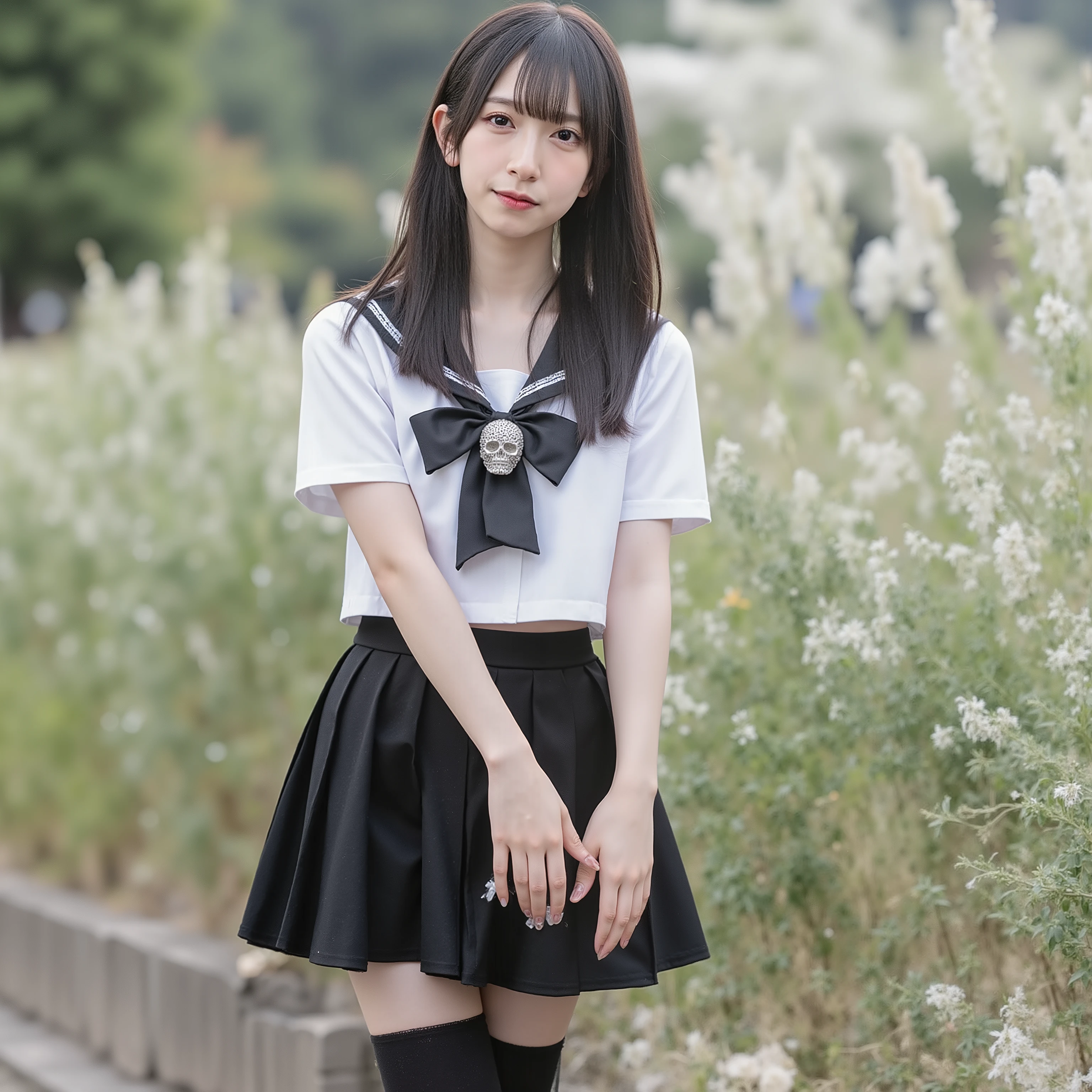 arafed asian woman in a black skirt and a white shirt posing for a picture, japanese school uniform, japanese girl school uniform, wearing japanese school uniform, cute schoolgirl, jk uniform, beautiful anime high school girl, Wear loafers, Open belly, See the belly, low waist mini skirt, Skirt open,Skirt in half,Open Skirt,Not wearing underwear,No Panties,without underwear, ((wear black thigh high socks)), black bowtie,((large sparkling skull jewelry)), skull brooch, long black hair straight, video, long foot, slender, young gravure idol, realistic young gravure idol, young pretty gravure idol, young skinny gravure idol, japanese model, 1 person, Full body standing pose, after vaginal, amateur, flash photo, sleeveless, seductive pose, cowgirl position, open legs, crawling position on hands and knees, kneeling pose, seductive pose, cowgirl position, open legs, crawling position on hands and knees, kneeling pose, Blowjob, Cowgirl, ((sleeveless)), ニーソックス, over-knee socks, オーバーニーソックス, black nails, black ribbon in her hair, Her uniform is decorated with sparkling skull-shaped decorations, wheat-colored skin, dark skin, stomach cutout, Skirtlift, Shirtlift,