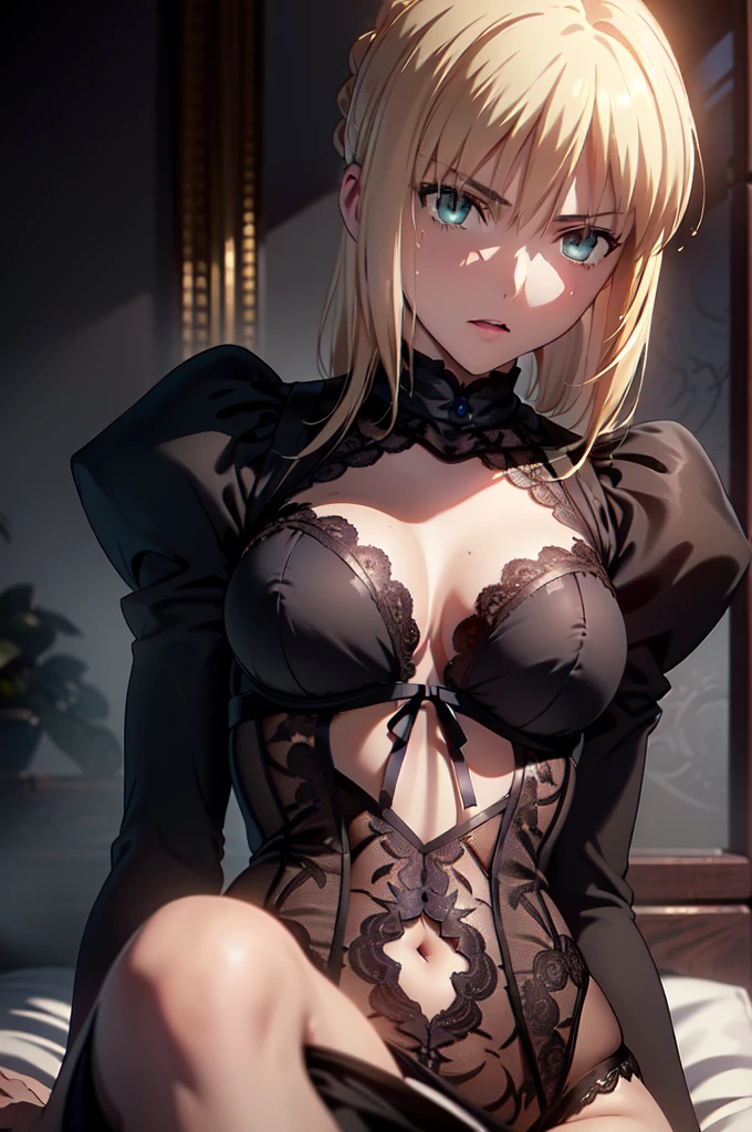 (masterpiece, top quality, best quality, official art, beautiful and aesthetic:1.2), (beautiful face), extremely detailed,colorful,highest detailed, (sitting on bed), bright eyes, huge breast, ((kokomirnd)),(erotic dress)