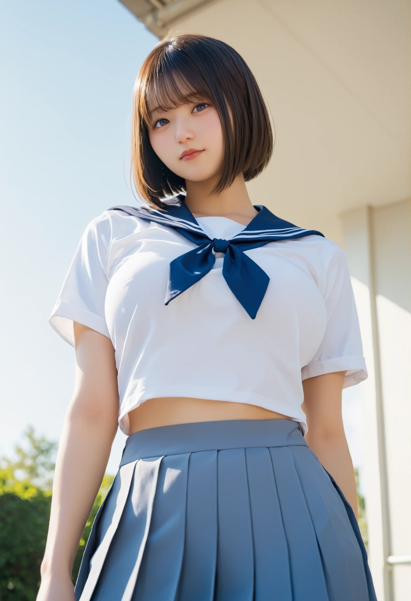 ((((((17 years old))))))、((Aya Ueto : 0.8))、(((A charming face)))、(((Young face)))、(((beautiful girl)))、(((A beautiful woman)))、Beautiful woman、Cute woman、((Innocent face))、((Smile))、((Ultra-detailed face))、((Detailed lips))、((Detailed eyes))、((double eyelid))、(((Beautiful Face)))、(((Beautiful, well-shaped eyes)))、(((Beautiful, well-shaped lips)))、Very Short Hair、ponytail、Pixie cut、BREAK、BREAK、(((Wearing a sailor uniform)))、BREAK、8 heads、(((slender)))、(((Slim body)))、(((Thin body)))、(((Slim woman)))、(Flat Chest:1.5)、BREAK、Photographic quality、Natural light、(フォトRealistic:1.4)、(Highest quality:1.2)、(Ultra-high resolution:1.2)、8K、RAW Photos、Realistic、High Detail、Film Grain、Detail Skin、Symmetrical、Delicate skin、Real human skin、pores、Super detailed、Detailed、(masterpiece : 1.2)、Thin face、Sharp Face、Small Face、Small face、Narrow shoulders、Small shoulders、Small shoulders幅、Slim shoulders、Narrow shoulders幅、Beautiful Japanese Woman、Beautiful Korean Woman、Slim womanモデル、Young Gravure Idol、Realistic young gravure idol、Young Sensual Gravure Idol、Young Pretty Gravure Idol、Japanese Model、Young Gravure Idol、((From the knee up)) 、(arms behind back:1.3)