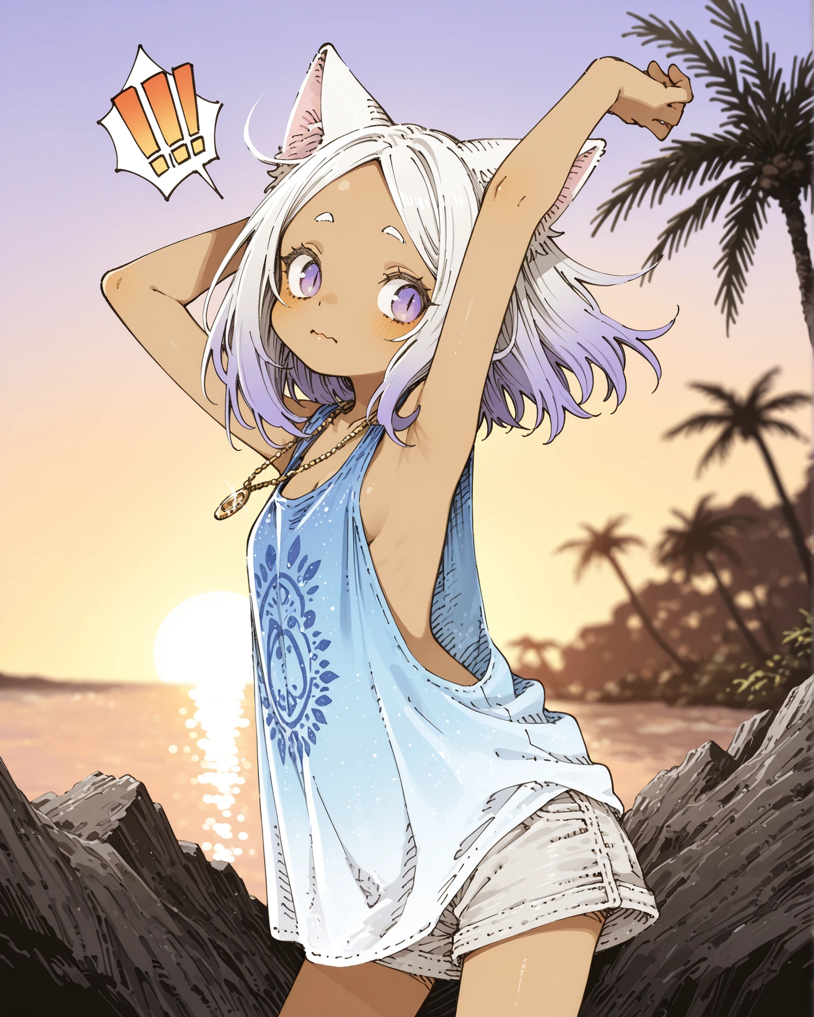 ((Abara Heiki Style)), ((Masterpiece)), ((best quality, amazing quality)), ((very aesthetic, absurdres, newest)), (((transparent background, mini background))), ((detailed background, negative space, blurry background, depth of field)), (from side, wide shot), (backlighting), ((1girl)), (cute young girl), ((brown-skinned)), (Healthy Gaunt body, Textured skin, small , cleavage, tilt head), Glossy hair, (long parted bangs, cute forehead, long sidelooks), (medium hair, platinum-gold hair, gradient hair), put on cat ears, ((!!, ^^^)), (surprised face), wavy mouth, open mouth, (slit pupils, pale purple eyes, glitter eyes, gradient eyes, averting eyes, looking at side), big eyes, (short eyebrows), glossy lips, pouty lips, (lower eyelashes), BREAK, ((Oversized loose tanktop, Childish white tanktop, indigo blue embroidery, sheer tanktop, low-cut armhole, slightly exposed sideboob)), (see-through silhouette:0.7), Beautiful collarbones, (Ethnic gray medium shorts), ((loose arms up)), primitive decorative necklace, (contrapposto on the tropical country, ), palm tree, outdoor, tropical country, Beautiful Horizon landscape, Tanktop fluttering in the wind, (sunset, twilight),
