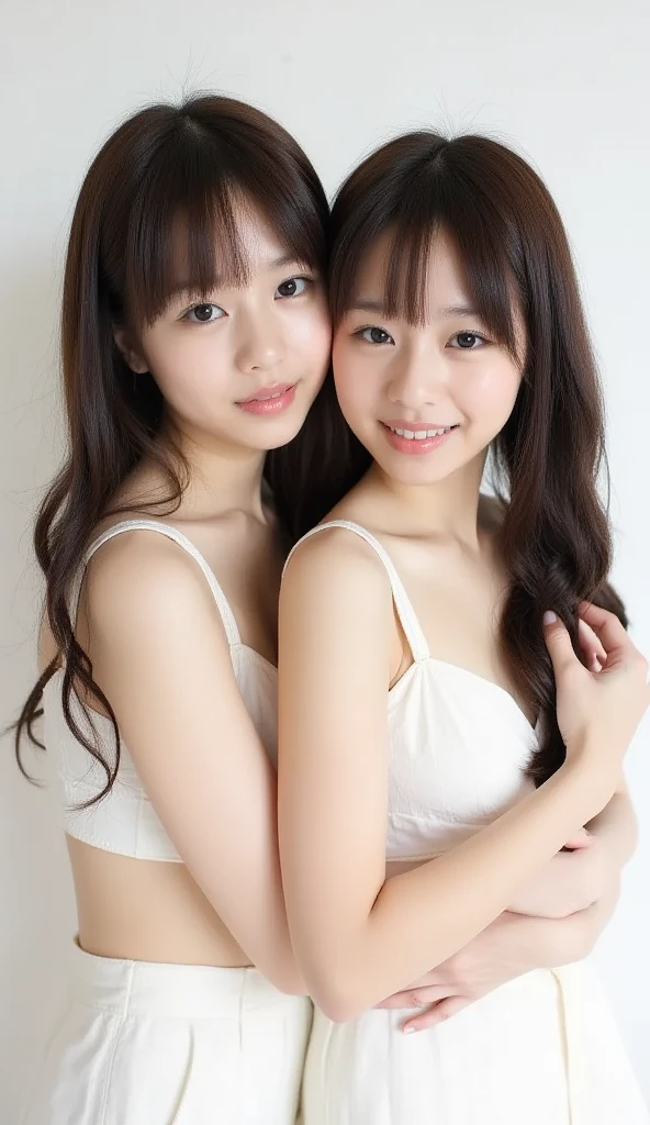 Identical twin sisters、(Two people hugging each other:2),(8k, RAW Photos, Highest quality, masterpiece: 1.2), Very detailed, Super Resolution, (Realistic, Actual photo: 1.37), (photoRealistic: 1.6), Eating lunch on the School rooftop. , Nice views, Cute lunch box, School rooftop, Lunch break, Fashionable school, Future City, School of the Future, Future World, Amazing world, New World, High resolution raw color photos, Professional photos, Very detailed and beautiful, (Point to the camera), Real Light , Please smile so that your teeth are visible, A beautiful landscape created by intermingling lights, (Not wearing any clothes at all:1.6), Amazingly cute woman, Very cute smile, Very cute face, Amazing details,(Completely naked:2), Very detailed美しい女の子, A different face, One is a ponytail, Modern and cute , Very detailed顔 Very detailed目, very Realistic skin, Very thin fingers, Very small nose, Very knowledgeable mouth, Perfect Anatomy,(Spread your legs,Spread your legs), Very detailed background,after school,。 Lots of smiles, Straight long hair, (Blunt bangs: 1.2), Celebrity-level cuteness, High school girl youth (Pink Eyeshadow)