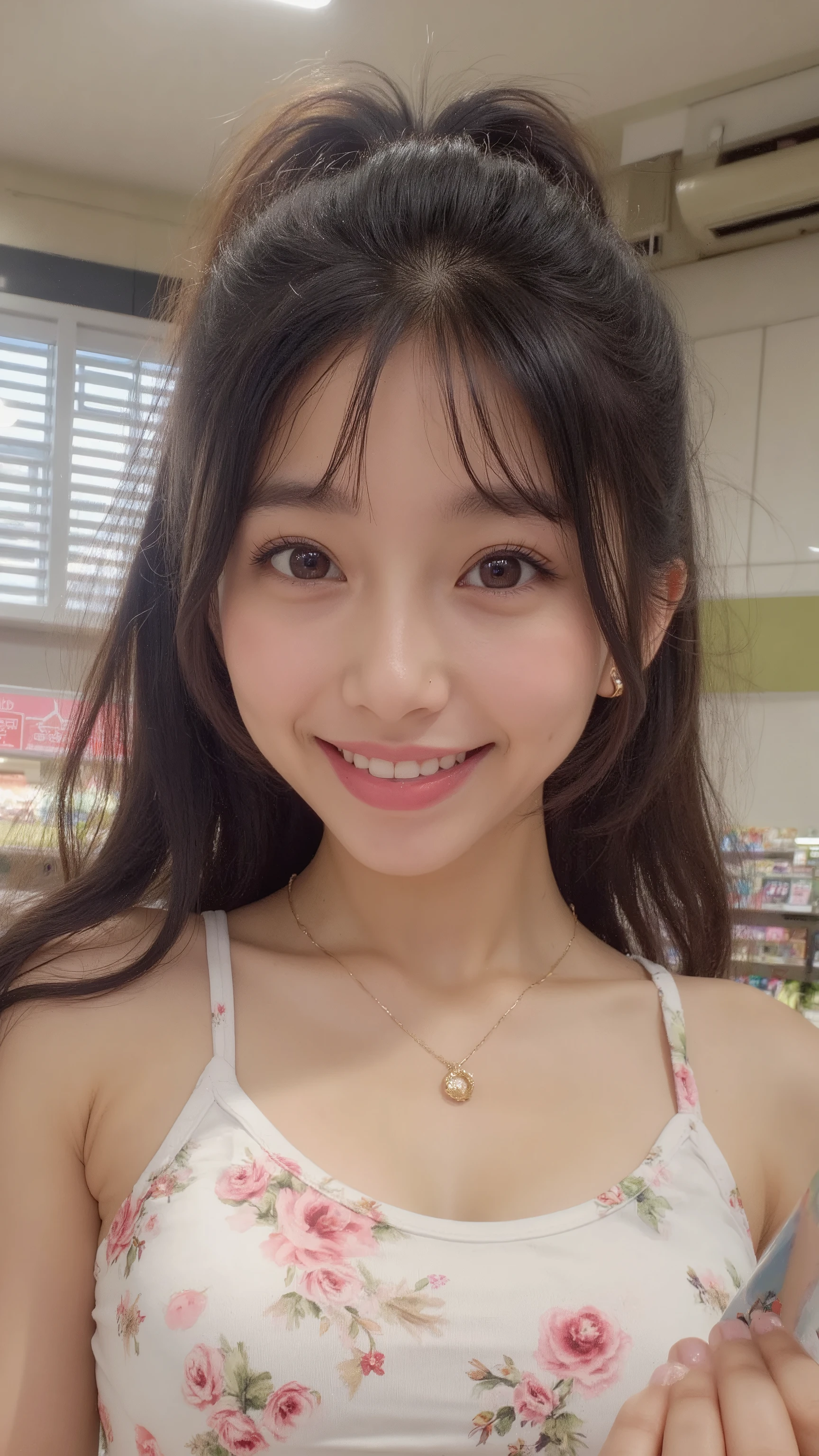 Chinese and Japanese mix, black hair, ponytail short hair, double eyelid, viewer look, brightest smile, kind looking smiling eyes,
1girl, light pink lips gloss, (normal natural thin eyelashes), v shape face, thin eyebrow, clear face, very detailed eyes and faces, flawless skin, spotless skin、natural expression、movement of reaching for products、In-store environment、Convenience store sign、automatic storefront door、warm lighting、realistic texture、Store Display Shelf