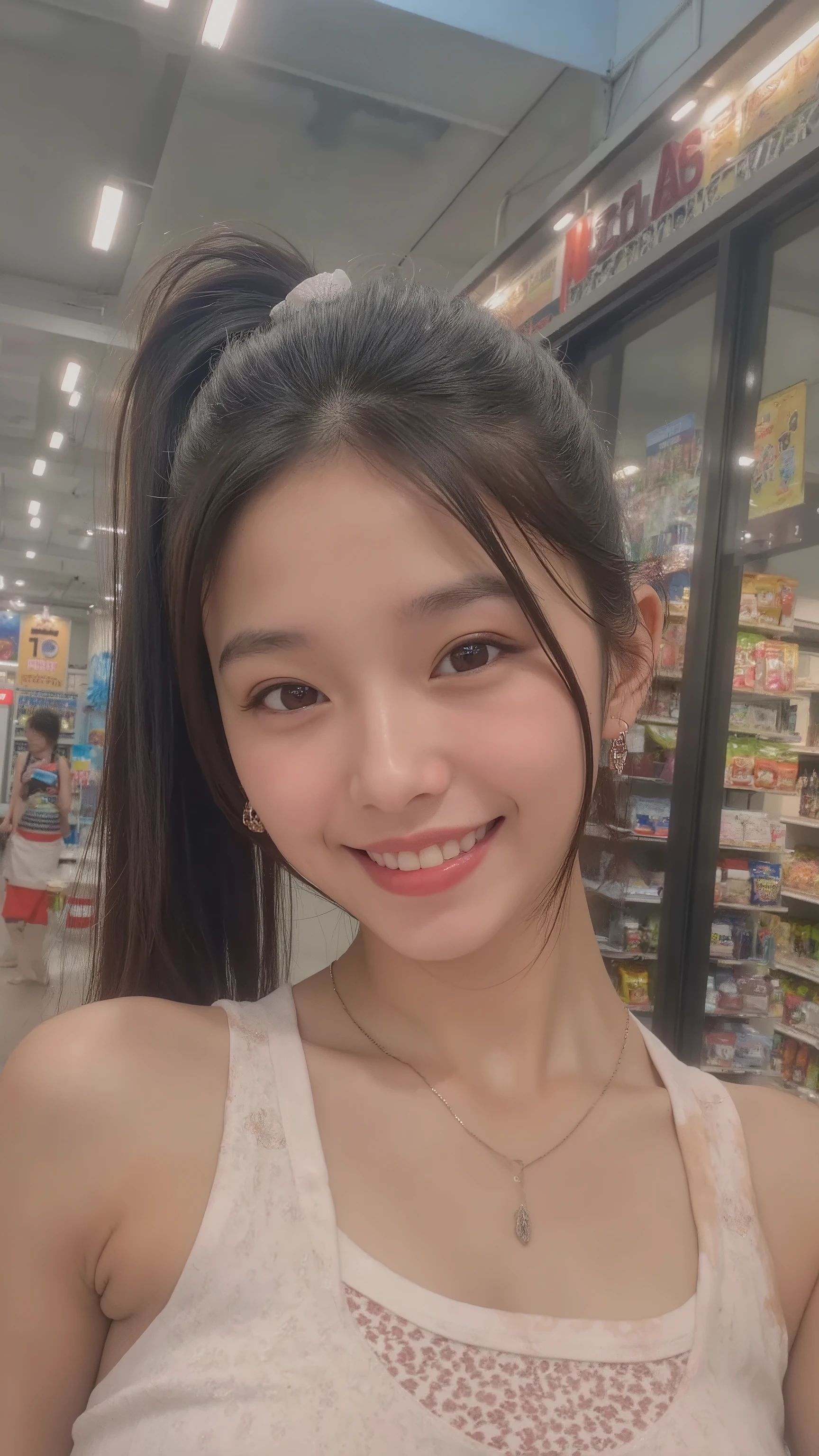 1girl, pink lips, (normal natural thin eyelashes), v shape face, thin eyebrow, clear face, Chinese and Japanese mix, black hair, medium length ponytail hair, flawless dark tanned skin, spotless skin, realistic photo 、Camera 、4K high definition、natural expression、movement of reaching for products、In-store environment、Convenience store sign、automatic storefront door、warm lighting、realistic texture、Store Display Shelf