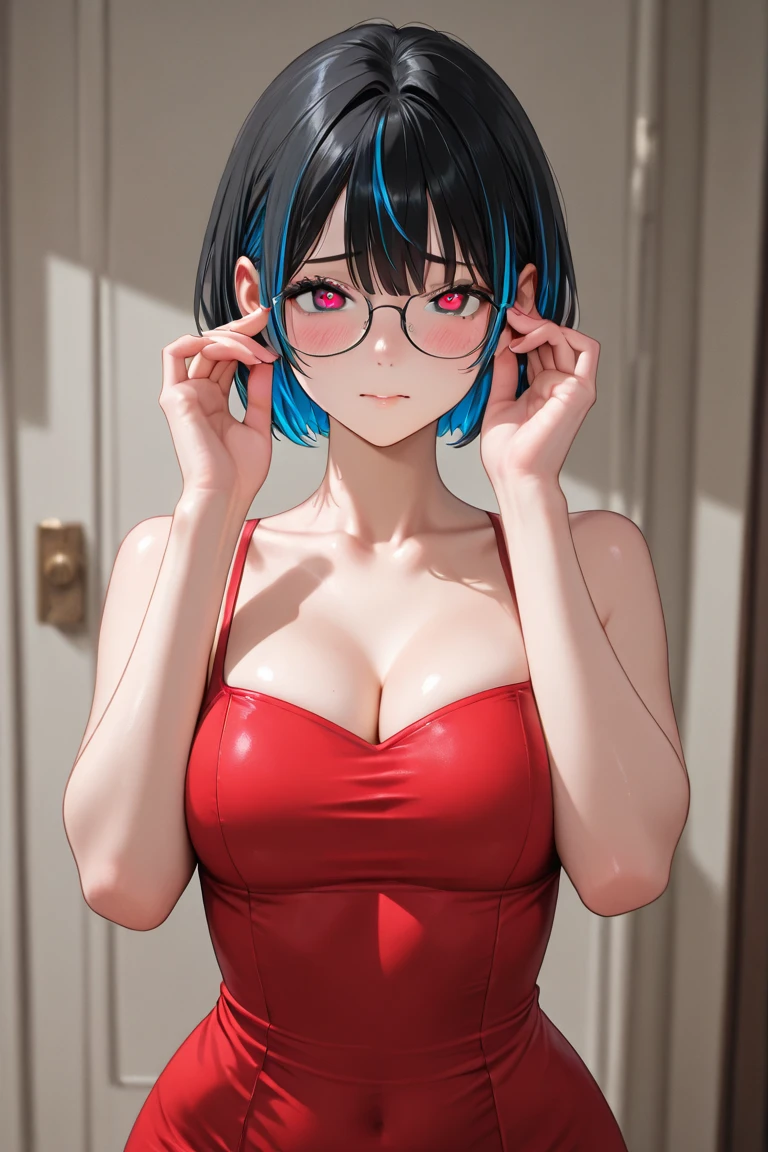 (masterpiece, best quality), 1girl, <lora:Aya Miiko:1> 1girl, 3dcg 03, aya miiko, blue hair, blunt bangs, bob cut, large breasts, medium breasts, red eyes, semi-rimless eyewear, short hair, sidelocks
