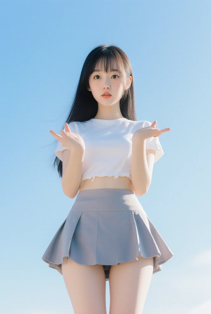 Knees，small tits，(blanche，pleatedskirt)，Light blue crop top look，年轻，teens girl，A dark-haired，Twin-tailed，小柄，Short stature，pupils on，uneasy