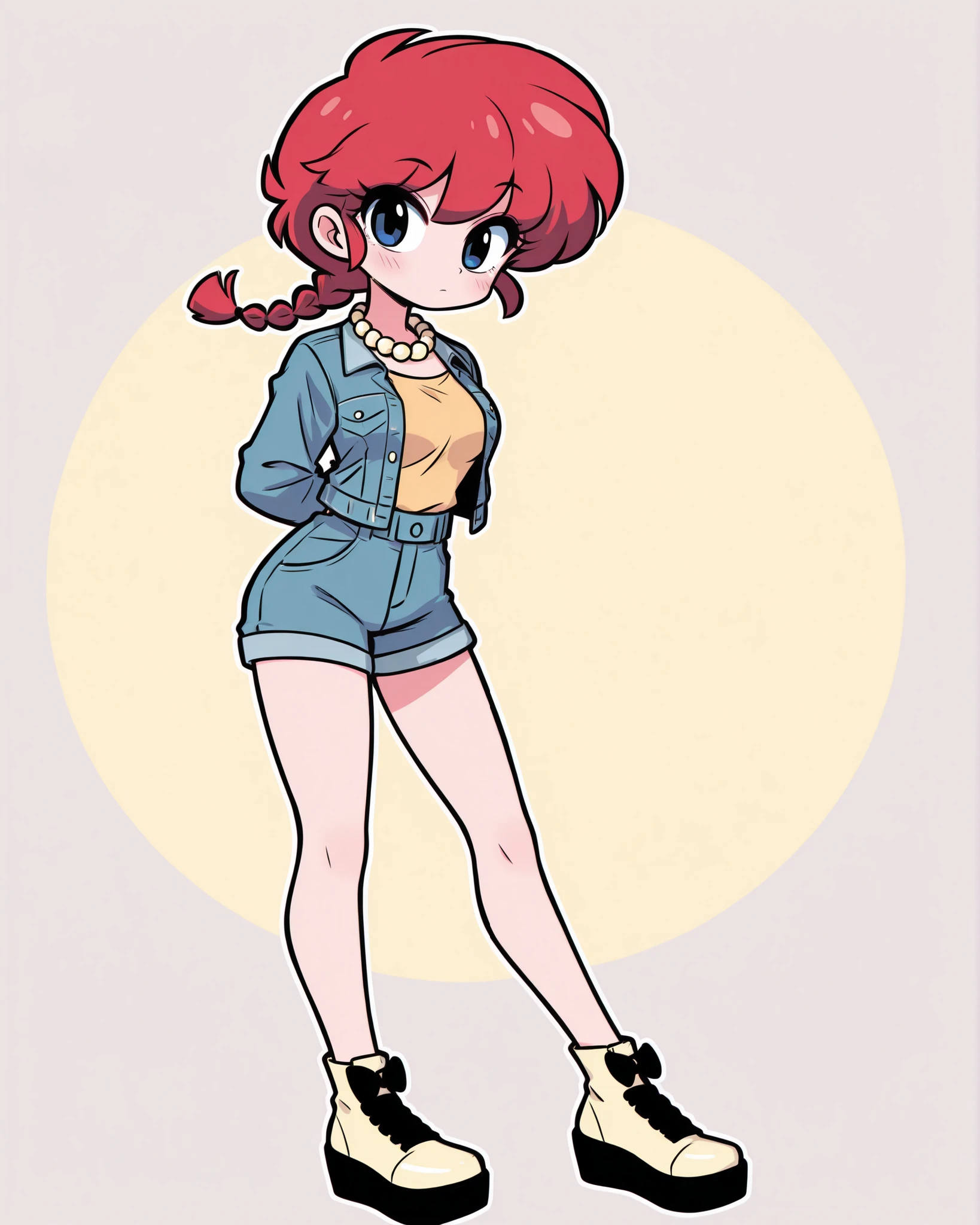 CartoonyIllustrious,ranma, long_hair,red_hair, braided_ponytail, shojo style in retro 90s style: denim jacket, platform shoes, chunky necklace, pastel yellow solid background. solo character, solo girl