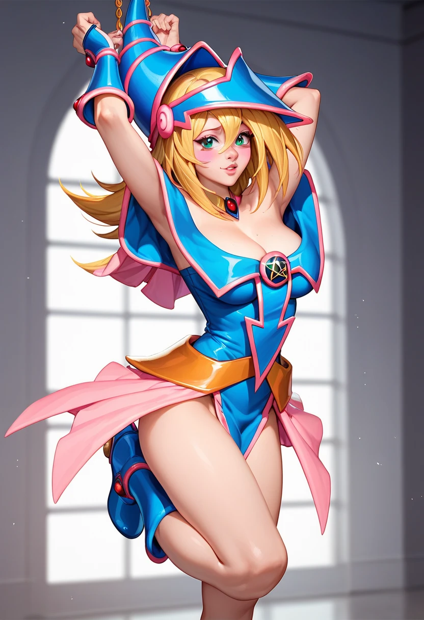 (Obra maestra:1.2), (La mejor calidad:1.2), perfect lighting, Chica Maga Oscura lanzando un hechizo, En sus veinte, flotando en el aire, tetas grandes, escote, bata azul, sombrero grande, desde arriba, Destellos, Yugioh Card en el fondo