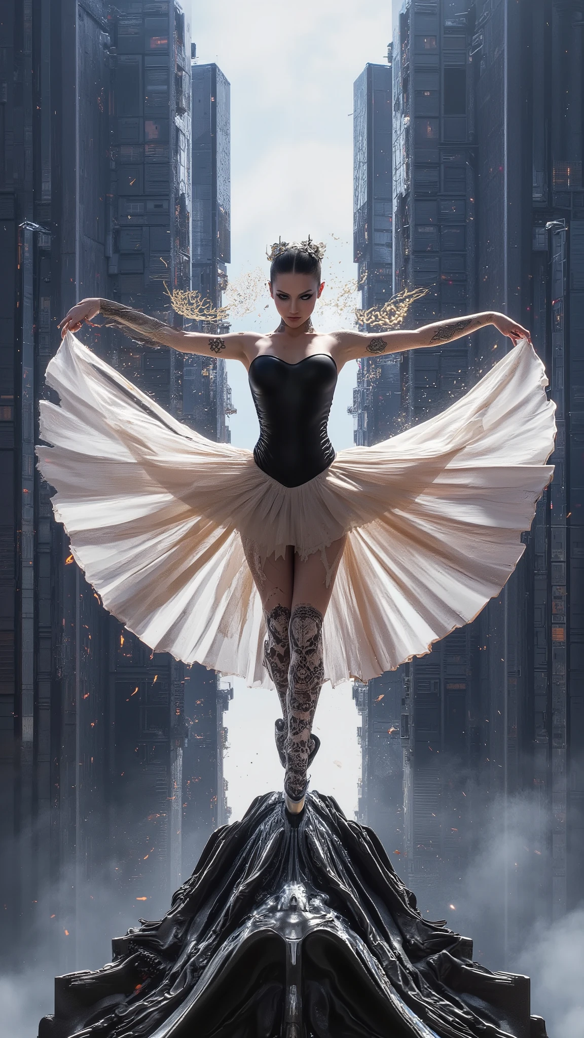 Ballet dancer with her tutu dancing on the top of a skyscraper
