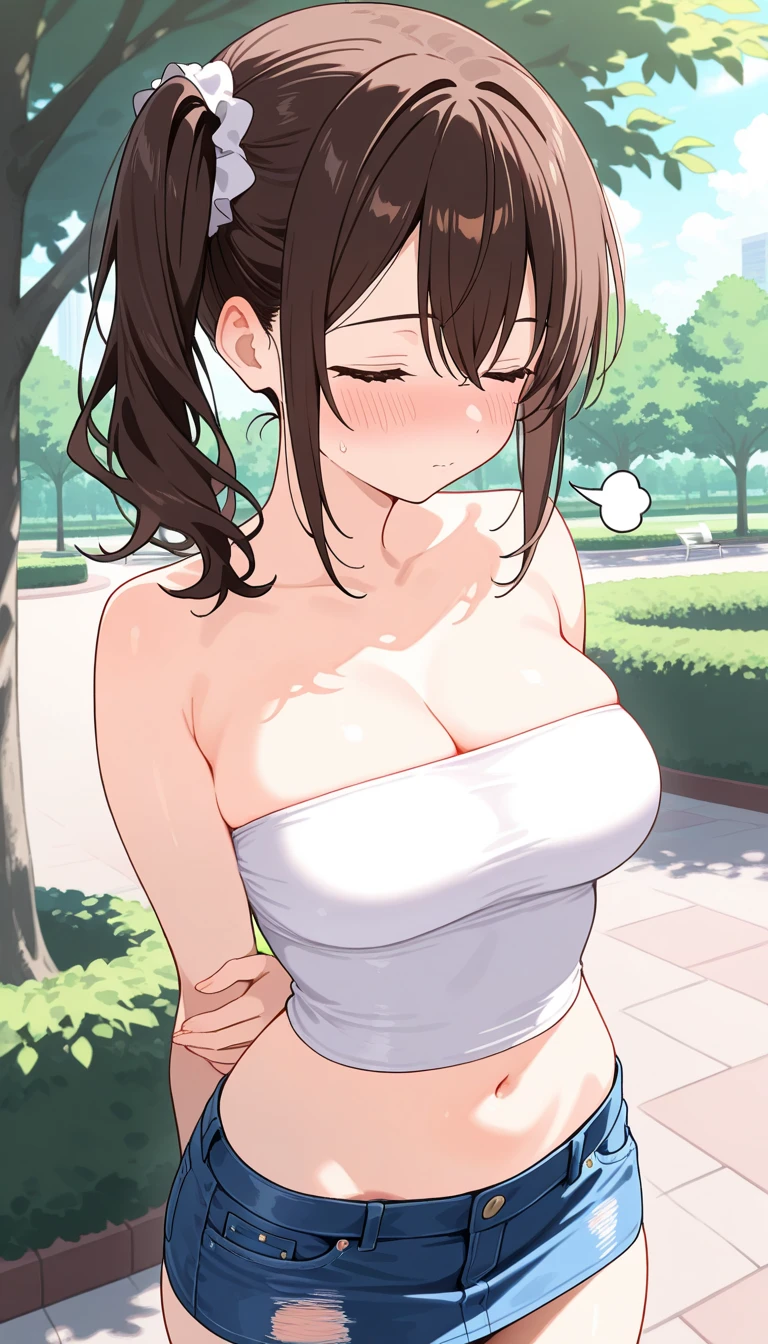 (masterpiece), (highest quality), (Super detailed), (One girl), 13 years old, blush, ((lift up:1.2)),((topless)), ((slender)) ,Happy, View Viewer, wood々In a park with,bench, shy ,sit on the bench, anxiety, smile, mischief,(Shiny skin), from the front, ear, (Nipples), (white micro thong),