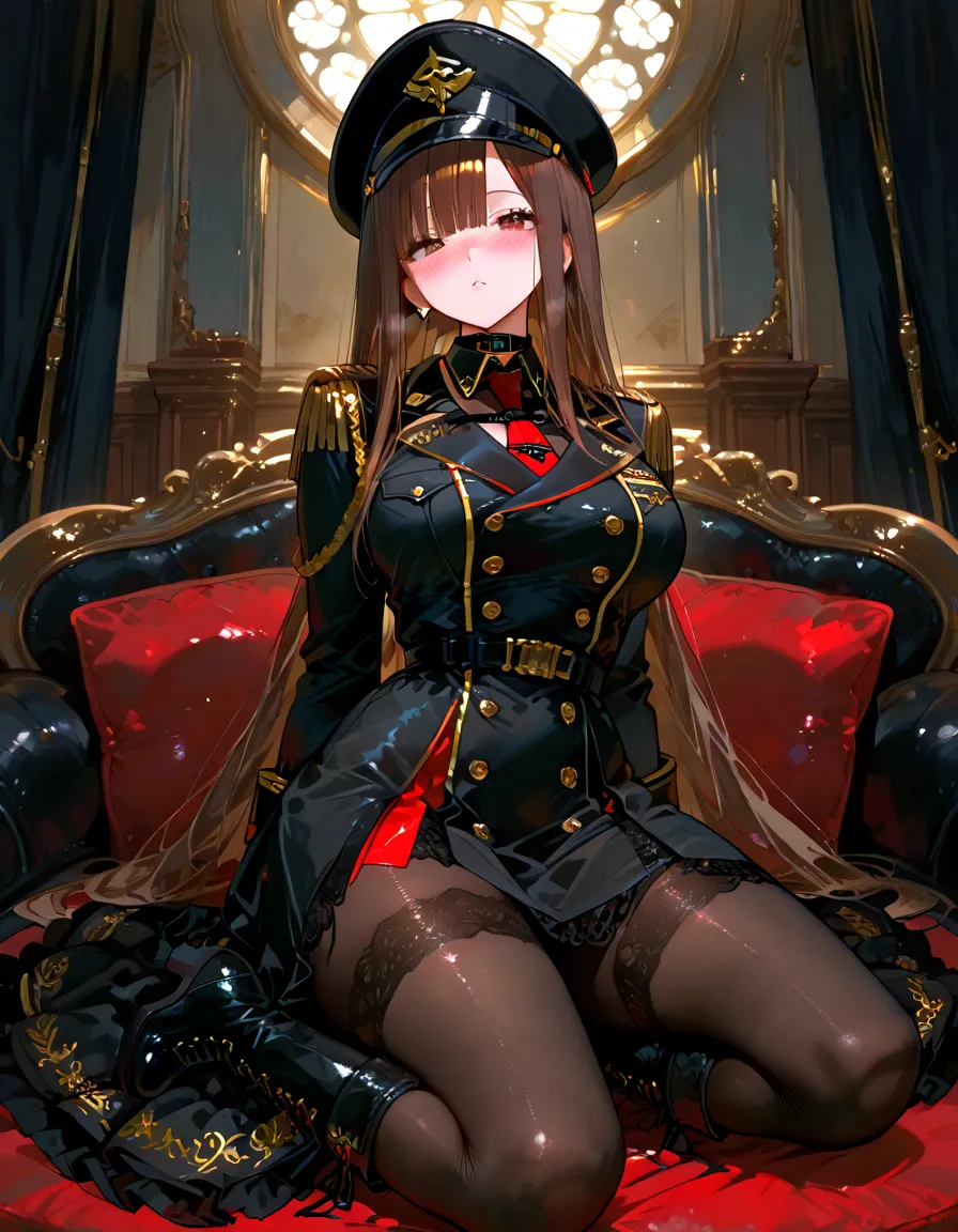 masterpiece,best quality,extremely clear 8k wallpaper,sidelighting,1girl,pom pom,star rail,<lora:Pom Pom:1>,lora:add_detail:0.8>,wet clothes,red jacket,military hat,thigh straddling