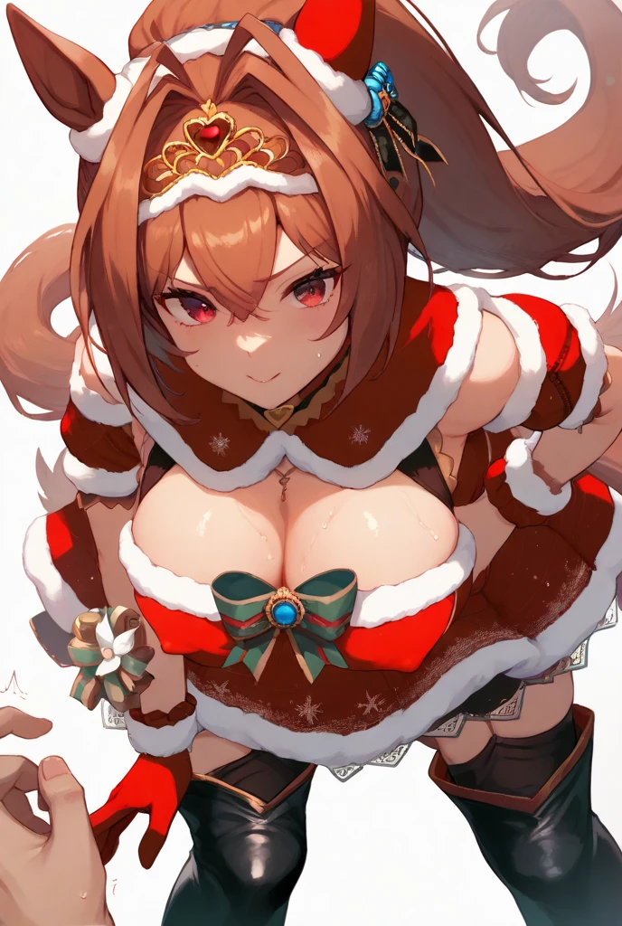 highest quality, Super detailed, masterpiece, Ultra-high resolution, 8k, Ridiculous, Cowboy Shooting, Focus on the girl, Embarrassing, blush, Lovely, Close one eye, With tears in her eyes and her mouth open, drooling, (arms behind head), (wariza),Classroom Background, 1girl, daiwa scarlet \(scarlet nuit etoile\), umamusume, (medium breasts), (sagging breasts),(huge nipples), Black knee socks,Thighs,Waistline, (high angle shot)