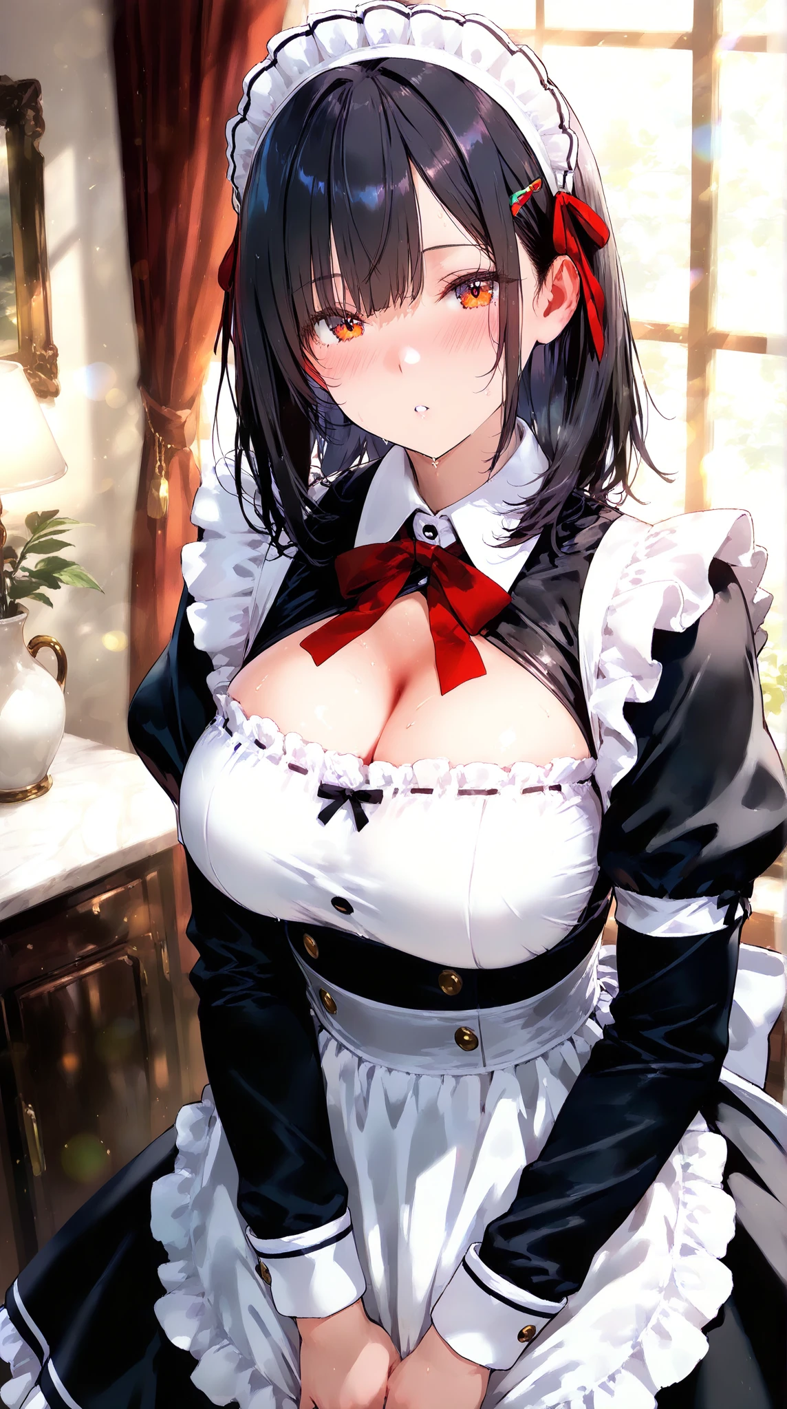 adulto, Cabello negro ondulado, mirada penetrante con ojos profundos de color rojo, estatura promedio, Silky hair with a ponytail hairstyle collected with a red bow with two white lines, tiene pechos medianos, primer plano, session, standing in the middle of his room [[[Risa malvada]]] , Sonrojada, muslos grandes, maid, sirvienta, nsfw, calzon blanco, raising her maid&#39;s skirt to show her panties to the camera 