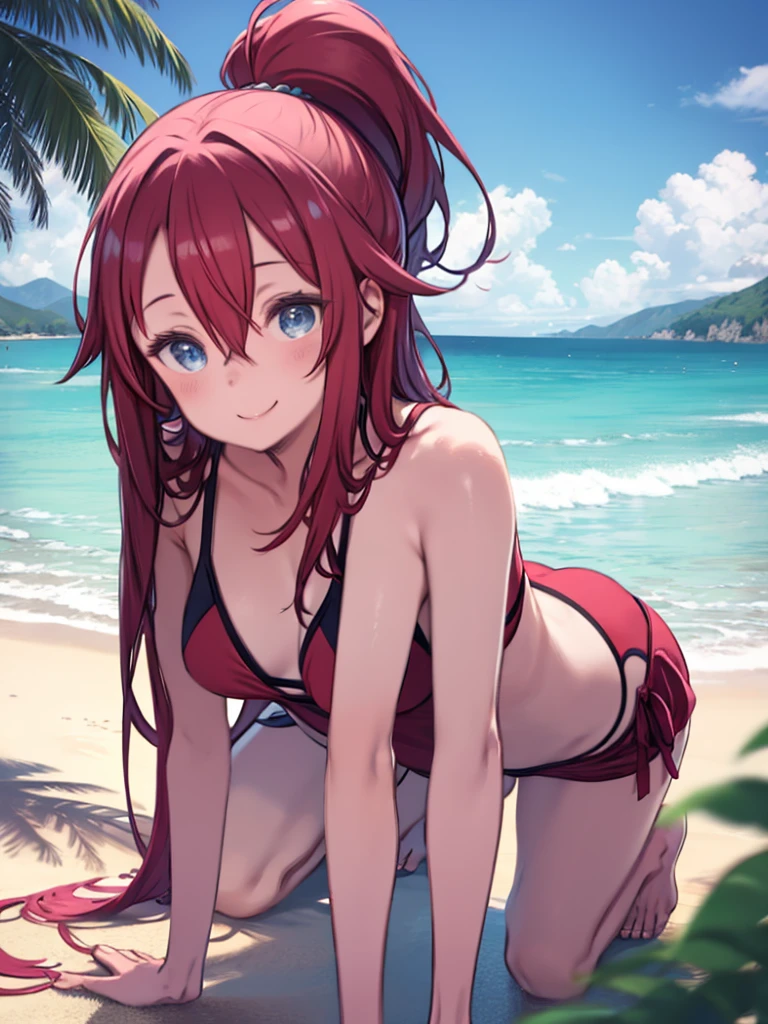anime waifu, red hair with "two braids", white ??????, beach scenario, standing up, smiling, sunglasses