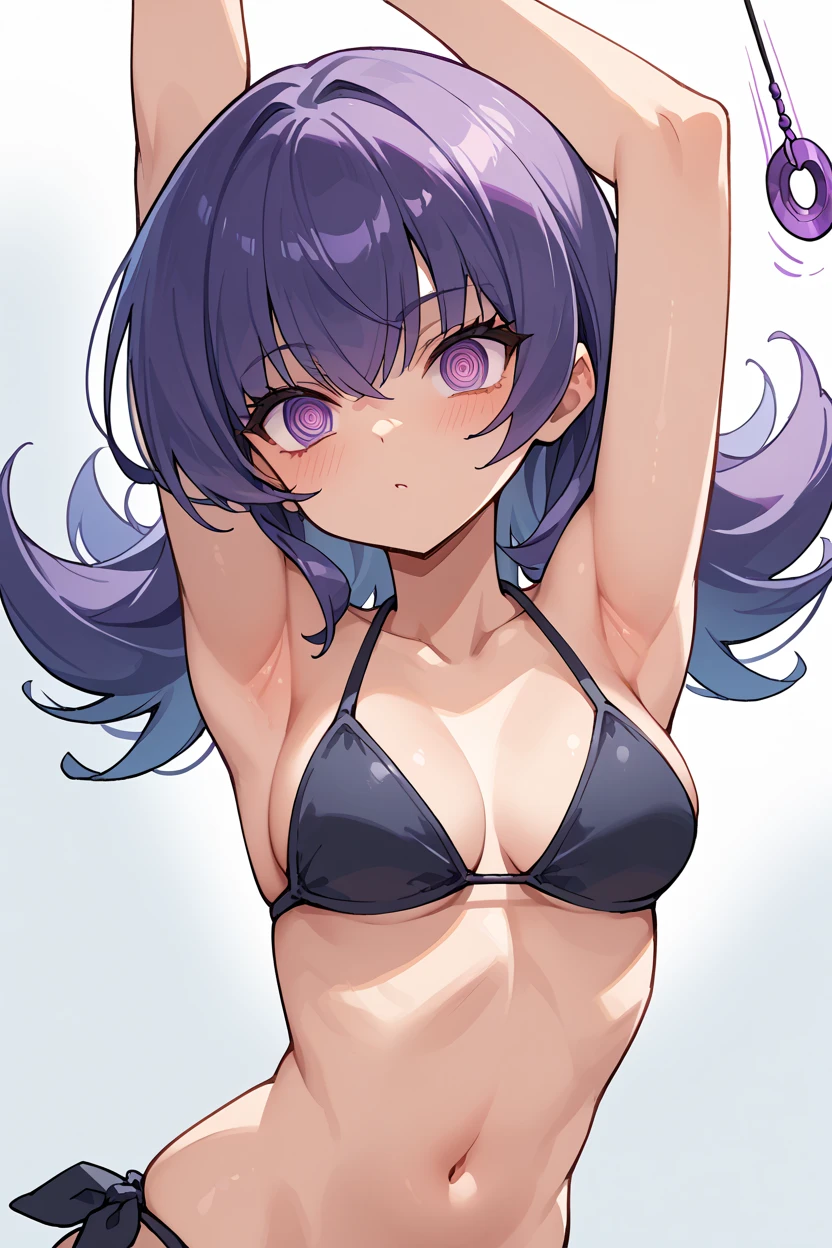 1 girl,Solo,medium hair,face focus,masterpiece, best quality, very aesthetic, absurdres,arms,face,hands,purple and blue,two tone color,v_arms,breasts,hand_between_legs,Bikini,Cleavage,medium hair,side-tie_bikini_bottom,light Bikini,skin,tan,