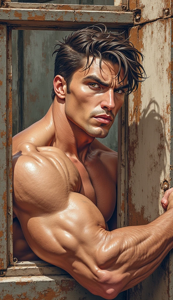 ((fullbody_homoerotism_nsfw)
reflect the strength and masculinity of latino , 20 years old, workers shirtless, barefoot, Caucasian ethnic physical characteristics
1. Industry: Oil
Background: Offshore oil platform.
Leg Position: Spread apart, in a balanced stance.
Arm Position: One arm lifting a heavy tool, the other resting on the hip.
Action: Adjusting a valve.
Color Palette: Metallic tones and dark blues.
Facial Expression: Focused and determined.
Model’s Facial and Physical Characteristics: Angular face, stubble beard, muscular.
generate the image with atmosphere of enthusiasm (( Highlight the rippling muscles smiling, their bodies glistening with droplets. The focus should be on the men's powerful physique, the background should be blurred to create a sense of movement and energy. evoking the strength, symmetry, beauty of the male body.)) by Aaron Horkey and Jeremy Mann, masterpiece, best quality, Photorealistic, ultra-high resolution, photographic light, illustration by MSchiffer, fairytale, Hyper detailed A mixture of photography and painting, simetryc Composition, Perfect Divine Proportione, 8k resolution fullbody image, oil painting intense dark colors palette A young man, cinnamon skin, latino, smoth body, thin face, straight nose, thin lips, square chin, large light black eyes, short black wavy hair, in roberto ferri style, aesthetic slim athletic body, realistic skin, gorgeous, detailed tonned muscles, barefoot, perfect anatomy, muscled fitness body, Young man, perfect anatomy, , energetic splendid, Barefoot, naked, small flacid penis, slim and detailed muscles, shirtless, pantless, fullbody, wearing sandals, the composition of shadows and lights give an atmosphere of spaciousness