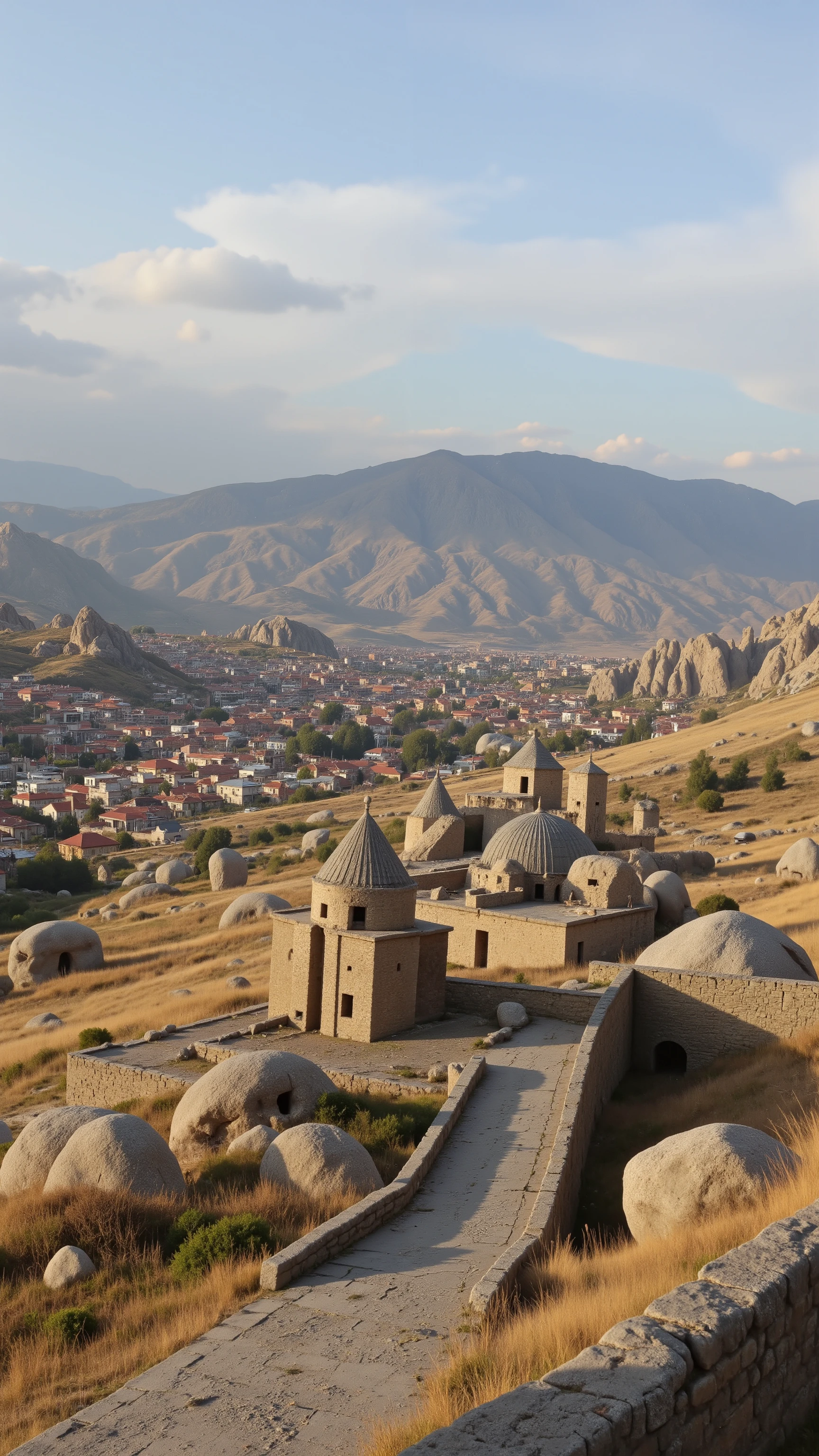 highdefinition image、Türkiye、Anatolian Plateau 冬景色、Ancient Roman Era、Built by carving out huge rocks「Uchihisar Citadel」Uchihisar has a quiet cityscape centered around、{x} is home to some of the best luxury hotels in Cappadocia and has beautiful scenery
