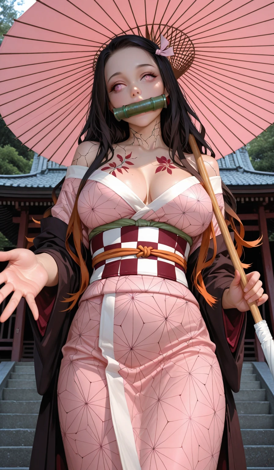 (masterpiece, Highest quality:1.2), One Girl, alone,Are standing_Split, masterpiece, (Pink kimono),Conceit, Good lighting, Low Cut, Fine details, masterpiece, Glowing Eyes, One Girl, Black Hair, (Big Breasts),(((topless)))、((Nipples are visible)),gag, Bamboo muzzle, Nezuko Kamado, Wisteria Background, masterpiece, Highest quality, throw, whole body, Wide Hips, panties