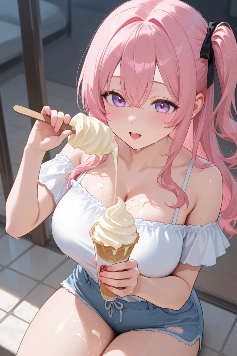 masterpiece,best qualtiy,1girl,popsicle,popsicle_licking,blush,tongue, tongue out, open mouth, purple hair, tank top