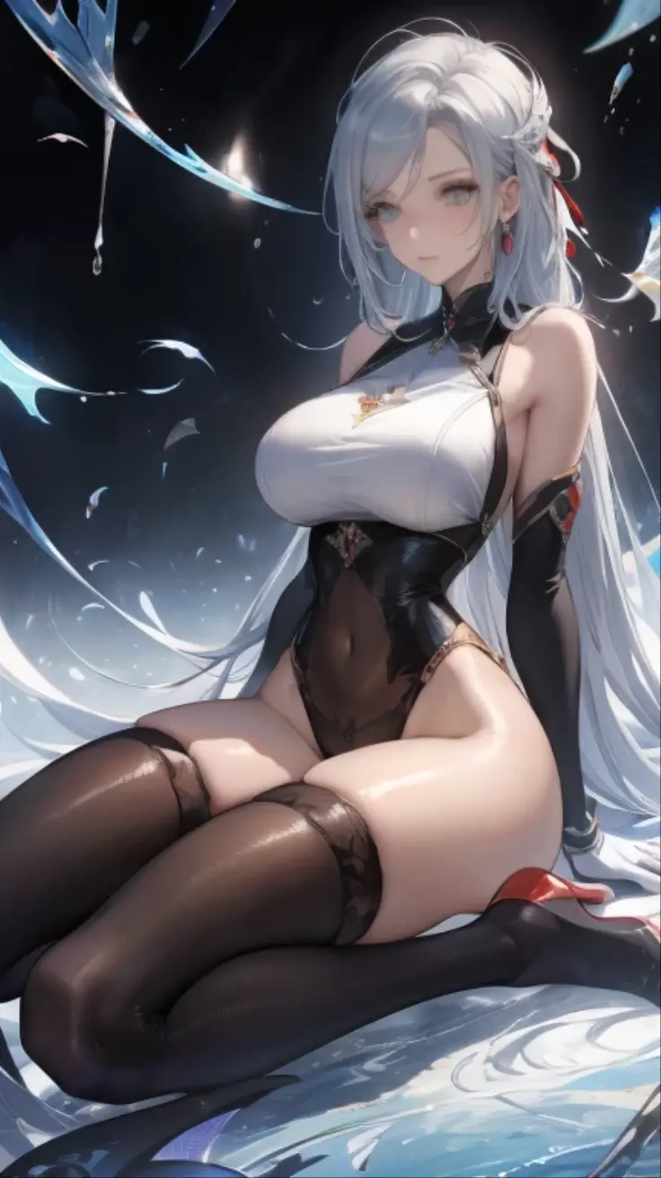 1 dark elf girl, has white hair, has large breasts, is sitting down next to a tree, her legs are spread out, her clothing is ripped
