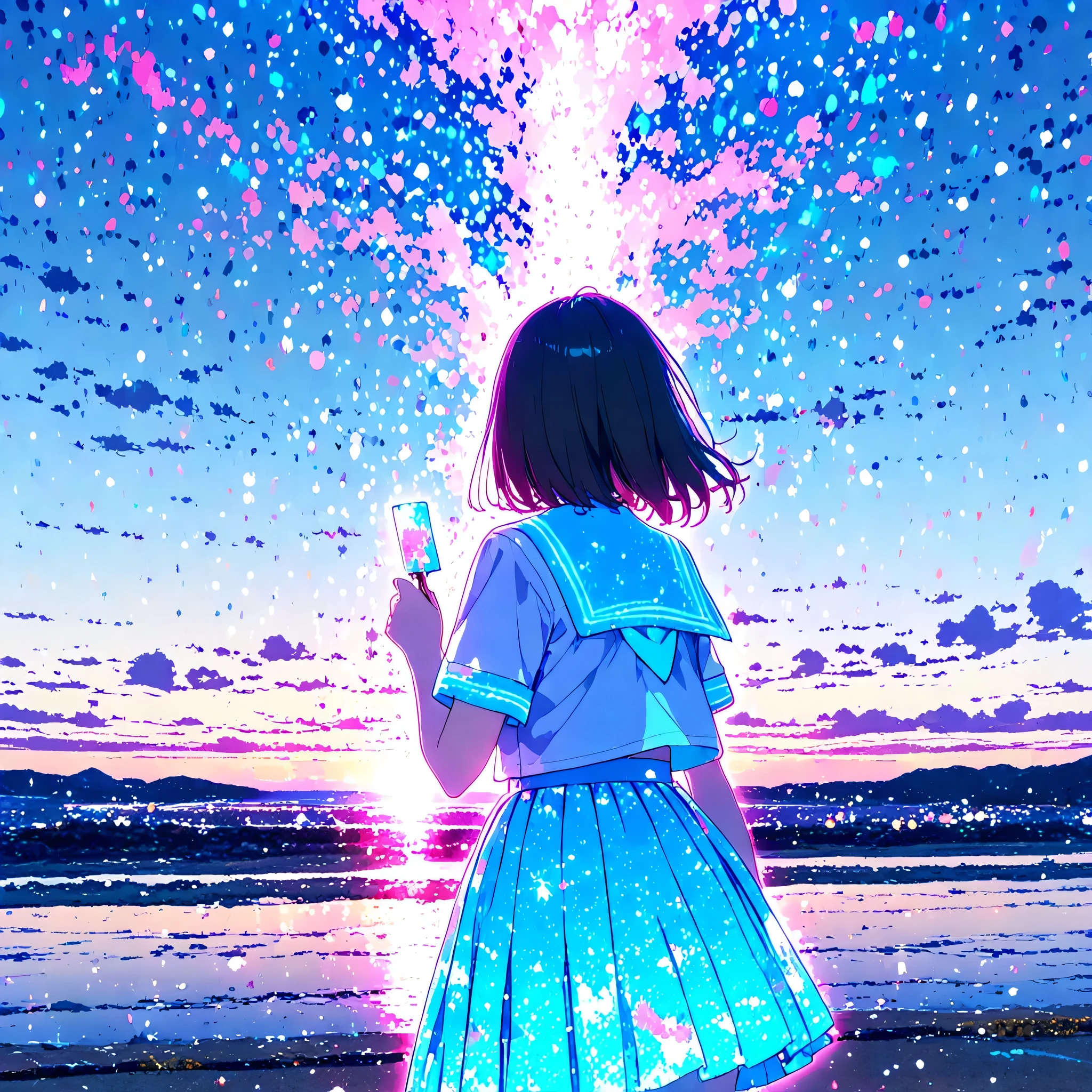 large size painting,(beautiful girl: 1.3),1girl,masterpiece, Highest quality, Ultra-high resolution,rich contrast,super high quality,8k,Highly detailed CG unit wallpaper,texture,Incredibly absurd,Ultra-high resolution,RAW Photos,high school girl,(Blue and white sailor suit and pleated skirt:1.3),short sleeve,ponytail,Black hair,night,Moonlit Ocean,Horizon,xss,seaside road,Glitter effect,0__11Xx_illu,(glowing pink outline:1.3),(seascape painting on canvas:1.3),(Holding the brush used for drawing),(from behind:1.3)