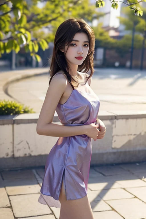 1 Girl,riverside,Soft Light,Chinese Beauty,Tight Fit,translucent,Lilac dress,