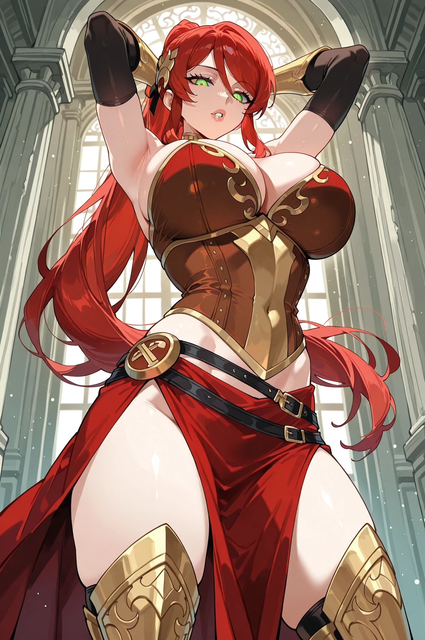 masterpiece, best quality, solo girl, orange hair, orange eyes, long hair, medium breasts, sexy body and face, wavy hair, smile, parted lips, red lips, ribbon, crown of thorns, thorns, (red cape, dress flower), detached sleeves, hair flower, hair ornament, long sleeves, black corset, long skirt, red dress, rose, strapless dress, long skirt, thighhighs, thighlet, red nails, dress flower, black thighhighs, mksks style, beautiful background, orchestra, indoors, sexy pose, cowboy shots, sharp focus, ultra-detailed body, face, and eyes, vibrant, creative, dynamic, high definition, high resolution, 8k, (Upscale: R-ESRGAN 4x+ Anime6mage enchance:4x), voluptuous body, cinema lightning, looking at the viewer, (realistic:1.4), (beautiful detailed face, beautiful detailed eyes, volumetric lighting),