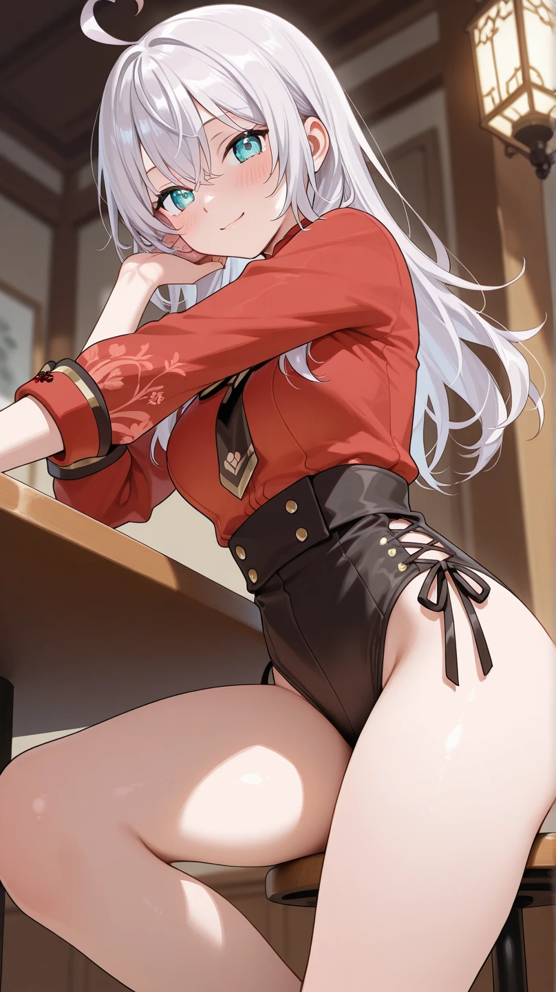 ((cowboy shot)),1girl,mutsukidef,(chibi:1.2),gray hair,long hair,side ponytail,(black cropped blazer),short sleeve,(red flare skirt),Hair Ornaments,halo,grin,dynamic angle,(from below,head rest,squatting,open legs),white panty,(cameltoe:1.3),masterpiece,Noise Reduction,perfect anatomy,high resolution, ultra-detailed, ultra-detailed face,game cg,dutch angle ,beautiful detailed eyes,visualart,five fingers, perfect hands, perfect lighting, sparkling pupils,