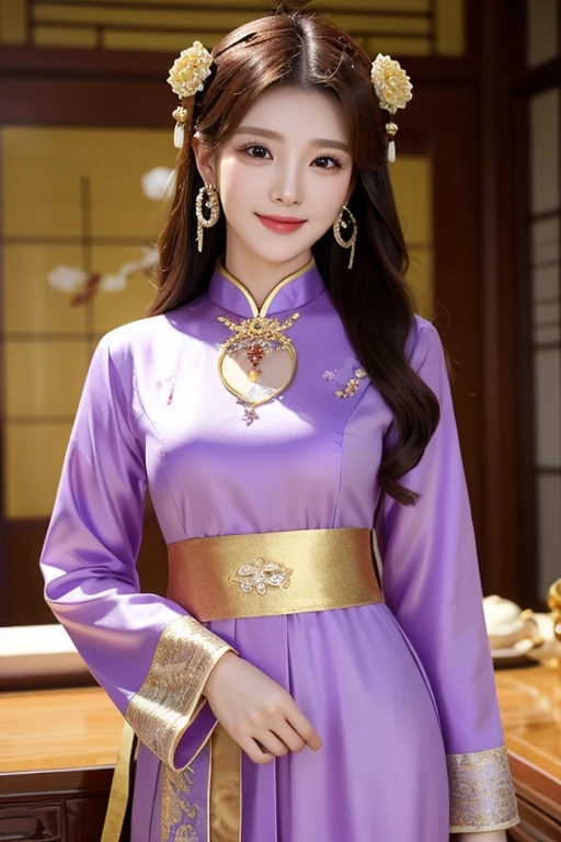 best quality, masterpiece, high_res, 1girl, hair ornament, necklace, jewelry, Beautiful face, tyndall effect, photo realistic, rim lighting, two tone lighting, (high detailed skin:1.2), 8k uhd, dslr, soft lighting, high quality, volumetric lighting, candid, Photograph, high resolution, 4k, 8k, Bokeh, medium breasts, absurdres, (light brown hair color), (purple eyes color), traditional chinese dress,