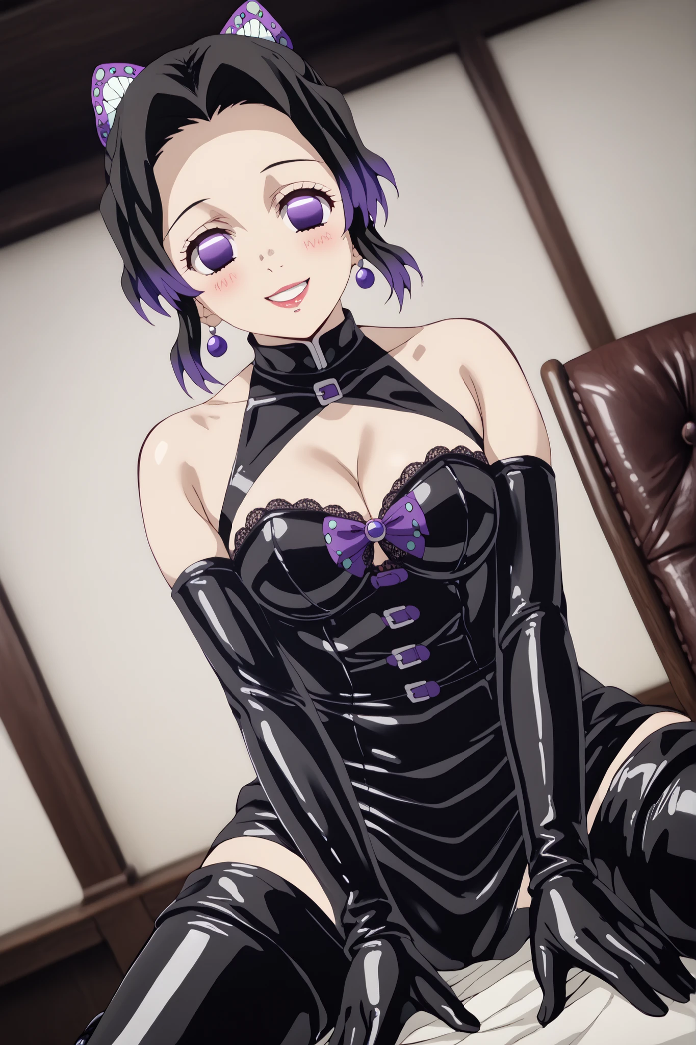(((Yankee sitting:1.4)))、(((Poop sitting:1.4 )))、(((open legs:1.4)))、(((Wide-open legsでしゃがむ:1.4)))、(((Spread your legs in an M shape:1.4 )))、BDSM、Queen、mistress、(((One girl)))、solo:1.8、(((Black leather elbow gloves:1.4 )))、(((black leather corset dress:1.4)))、(((The corset dress is decorated with beautiful lace.)))、(((Corset dress with shoulder straps)))、(((Tight black leather mini skirt:1.4)))、(((Black Thigh Boots)))、(((Black fishnet stockings:1.2 )))、(((Stiletto Heel Boots:1.4)))、(((Black leather panties)))、(((Black leather bra)))、(((Red leather collar)))、(((Sexy pose:1.4 )))、Wide-open legs:1.2、(((Erotic)))、(((Cowboy Shot)))、Fine-grained beautiful skin、Perfectly balanced body based on anatomy、Two perfect anatomical arms、Two perfect anatomical legs、Perfect 4 fingers and 1 thumb、Japanese-style room with tatami mats (Straw weave) Flooring、Wooden house、masterpiece、High resolution、High resolution8k、Small Head、Small face、(((Purple eyes)))、(((Purple Hair)))、Butterfly Hair Ornament、Hair tip gradation、Portraiture、Expressionless、sit、Gazing at the audience:2.0 、Frowning、Contempt、Contempt、(((smirk:1.2)))、blush:1.4